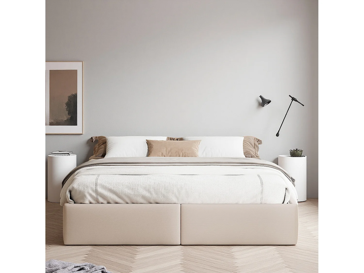 Lit coffre 140x190 cm - NEXU - hydraulique - Simplicité moderne - cadre de lit 140x190 cm - matériau lin - Beige