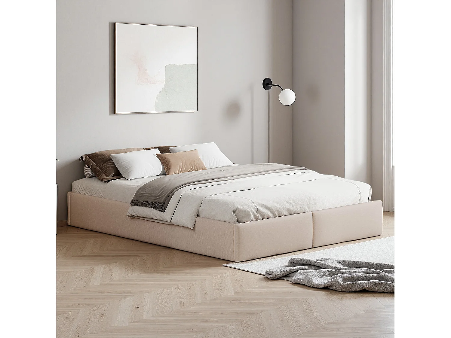 Lit coffre 140x190 cm - NEXU - hydraulique - Simplicité moderne - cadre de lit 140x190 cm - matériau lin - Beige