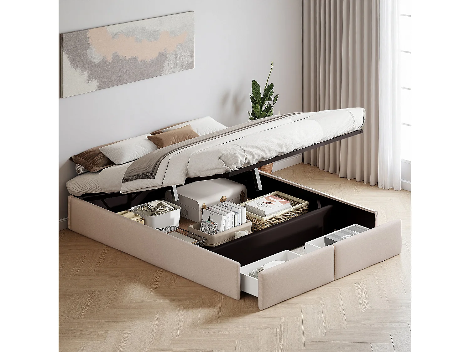 Lit coffre 140x190 cm - NEXU - hydraulique - Simplicité moderne - cadre de lit 140x190 cm - matériau lin - Beige