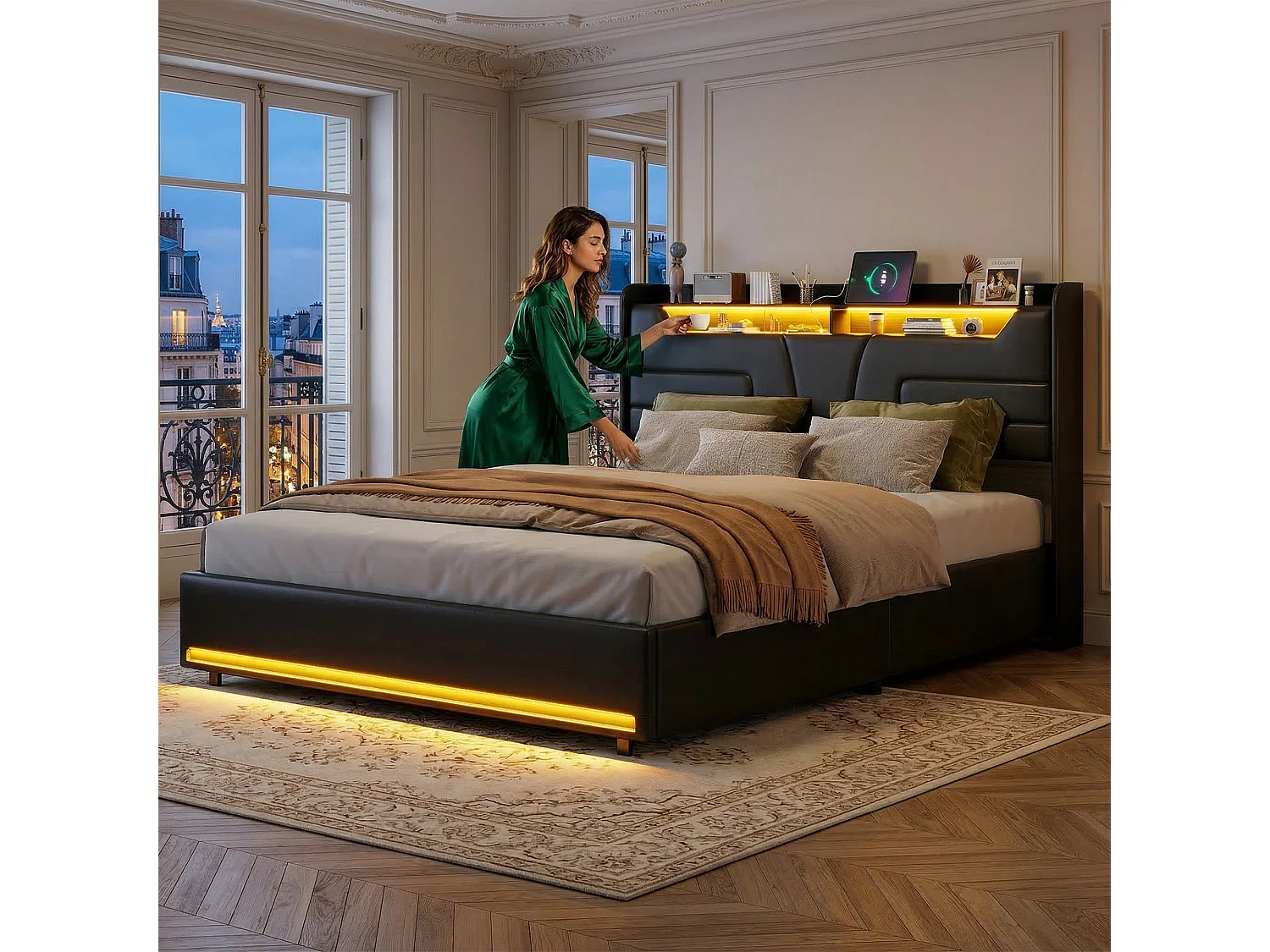 Lit coffre 140x190 avec LED et USB, Structure de lit 140x190 avec sommier, pour adulte et ado, PU noir