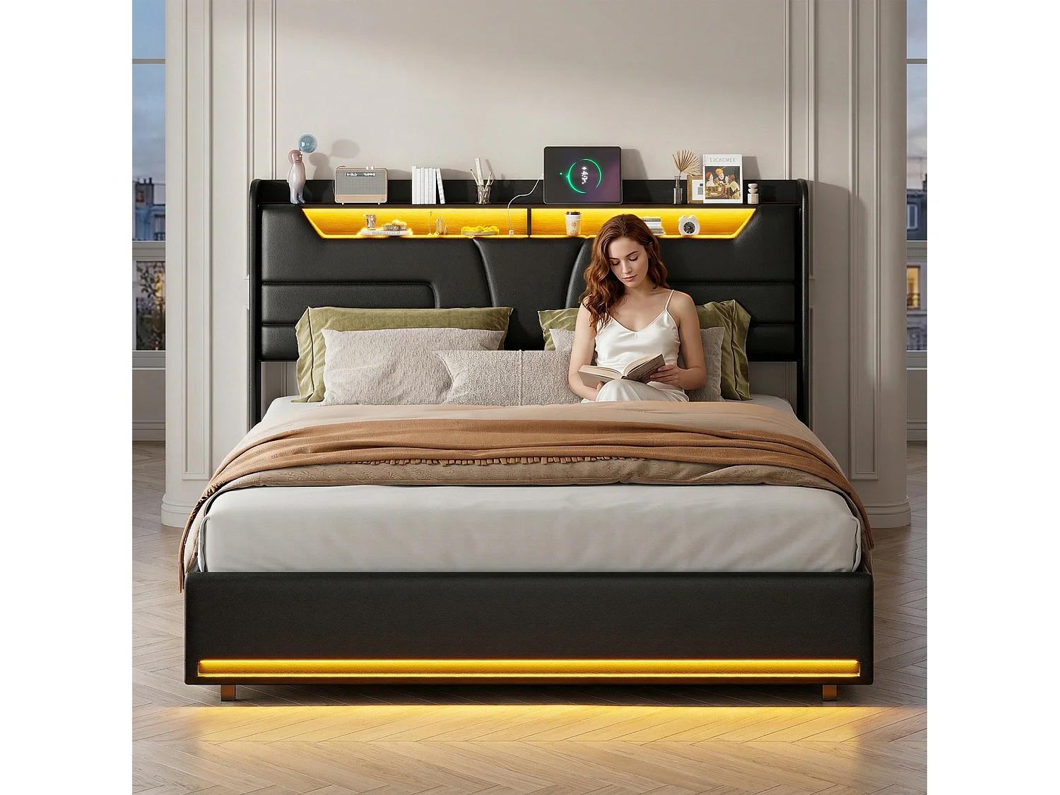 Lit coffre 140x190 avec LED et USB, Structure de lit 140x190 avec sommier, pour adulte et ado, PU noir