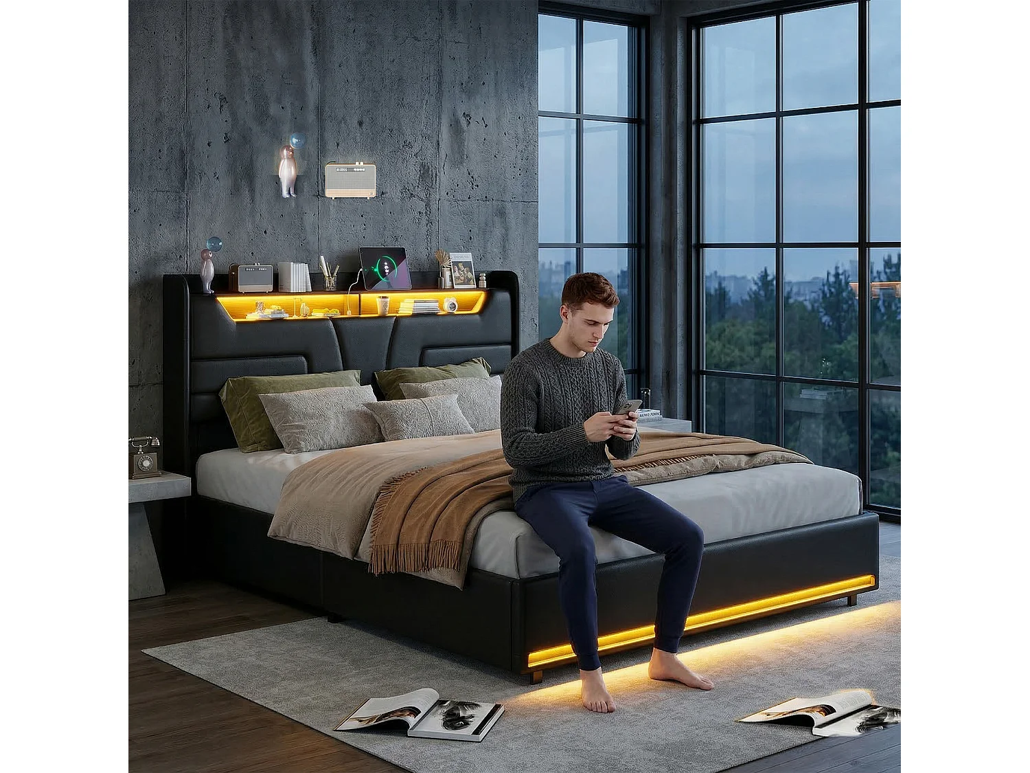 Lit coffre 140x190 avec LED et USB, Structure de lit 140x190 avec sommier, pour adulte et ado, PU noir