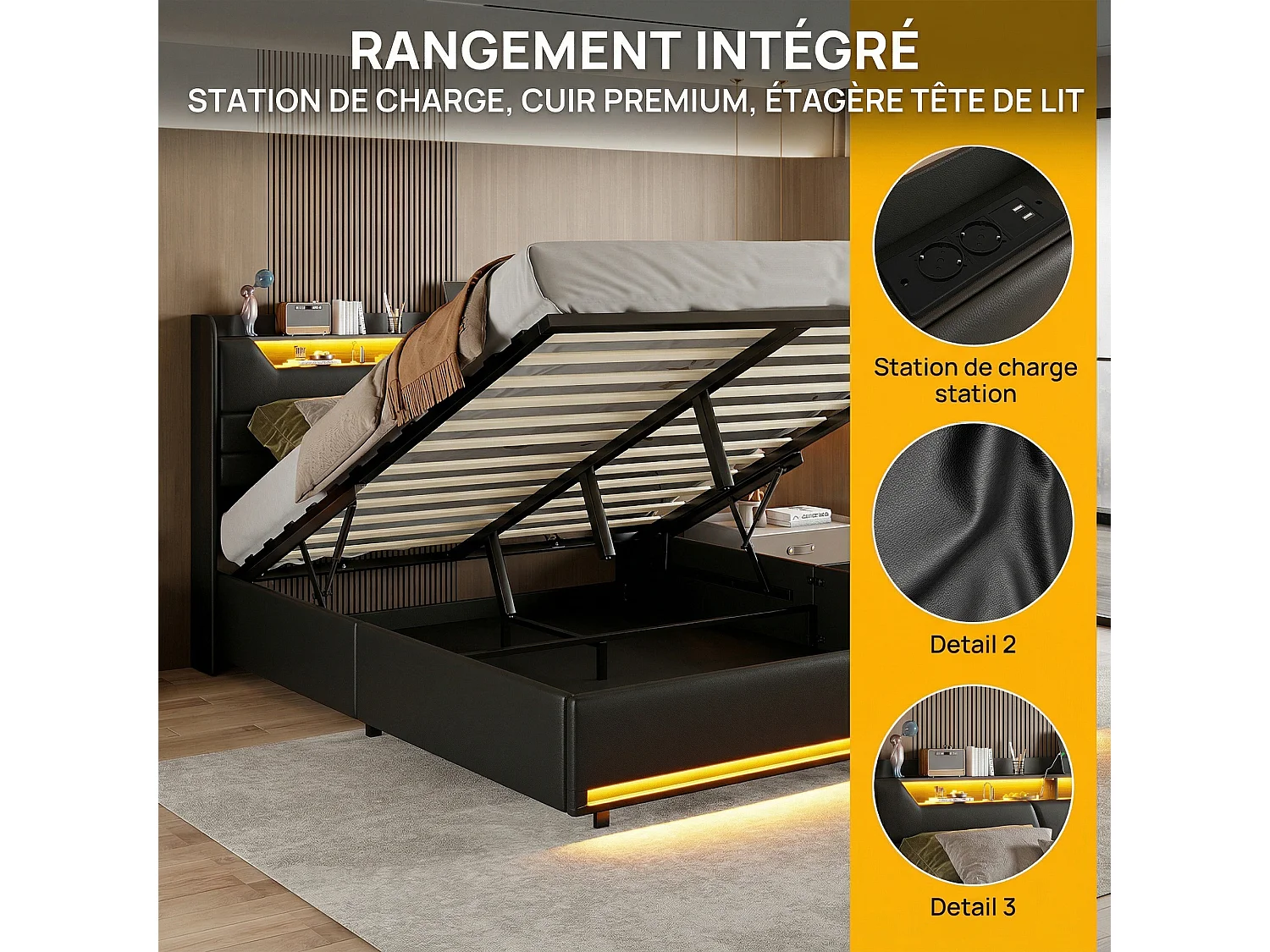 Lit coffre 140x190 avec LED et USB, Structure de lit 140x190 avec sommier, pour adulte et ado, PU noir