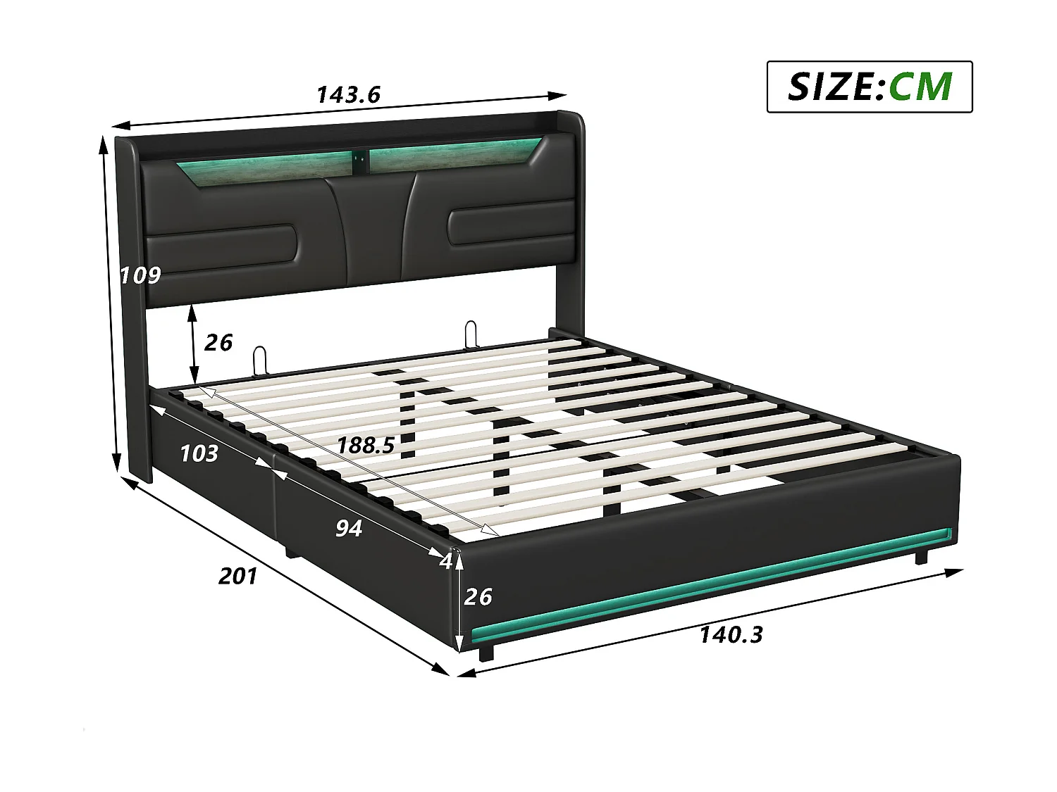 Lit coffre 140x190 avec LED et USB, Structure de lit 140x190 avec sommier, pour adulte et ado, PU noir