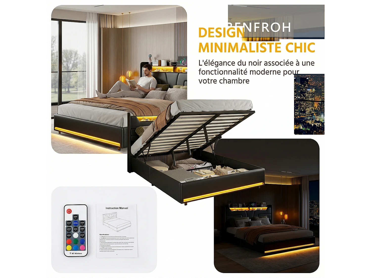 Lit coffre 140x190 avec LED et USB, Structure de lit 140x190 avec sommier, pour adulte et ado, PU noir