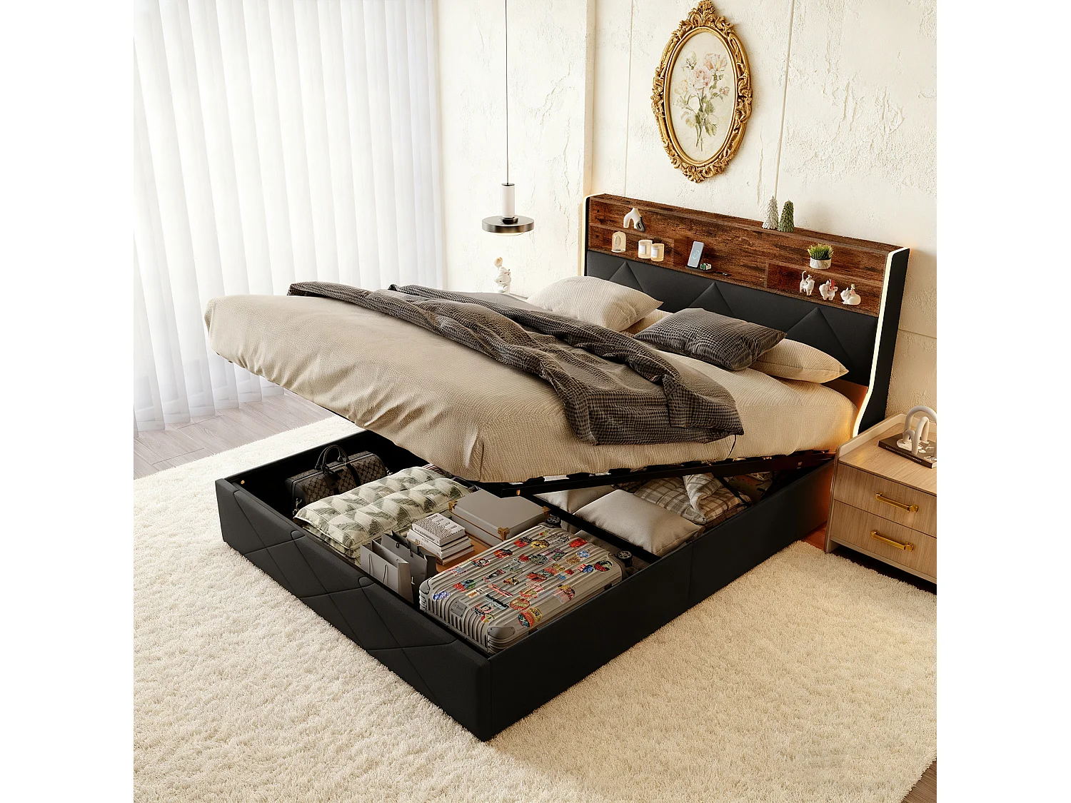 Lit coffre 140x190 - POCKETPOP - PU noir - USB et LED - Cadre de Lit avec Sommier à Lattes en Bois - 2 places