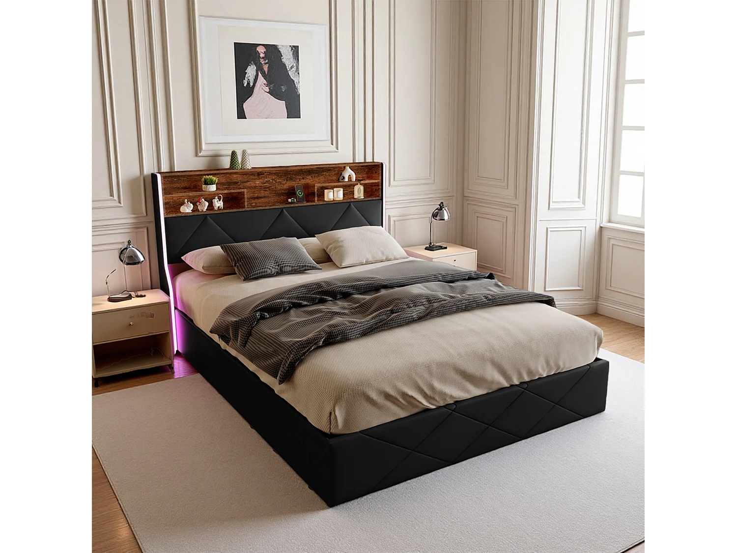Lit coffre 140x190 - POCKETPOP - PU noir - USB et LED - Cadre de Lit avec Sommier à Lattes en Bois - 2 places