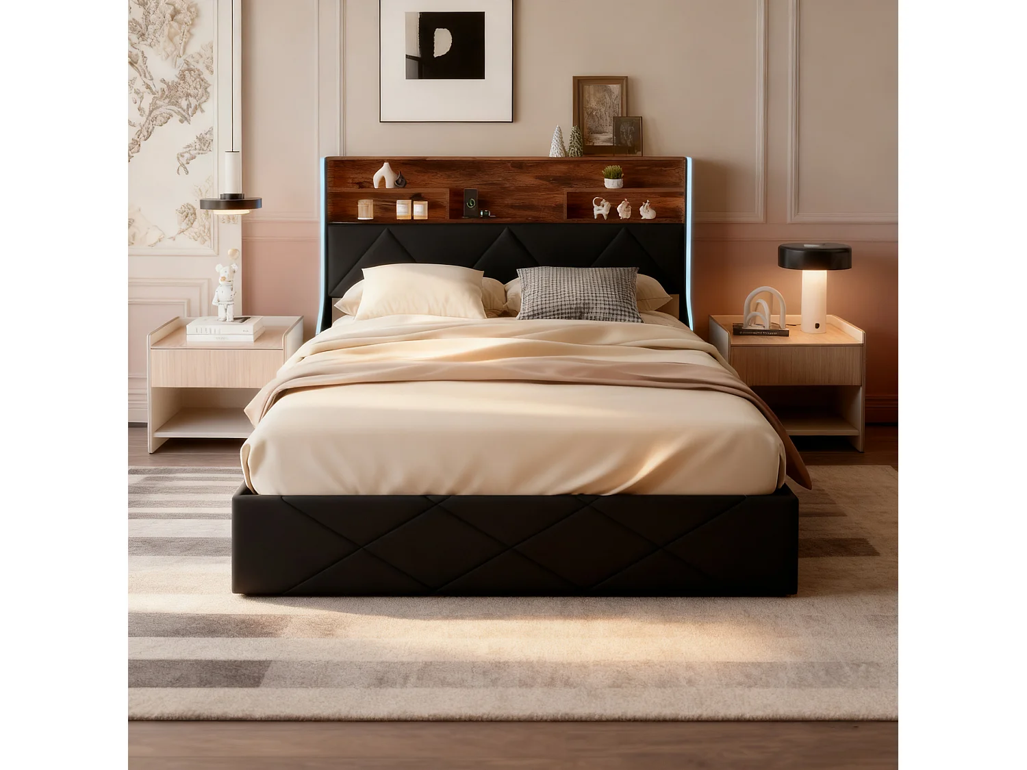 Lit coffre 140x190 - POCKETPOP - PU noir - USB et LED - Cadre de Lit avec Sommier à Lattes en Bois - 2 places