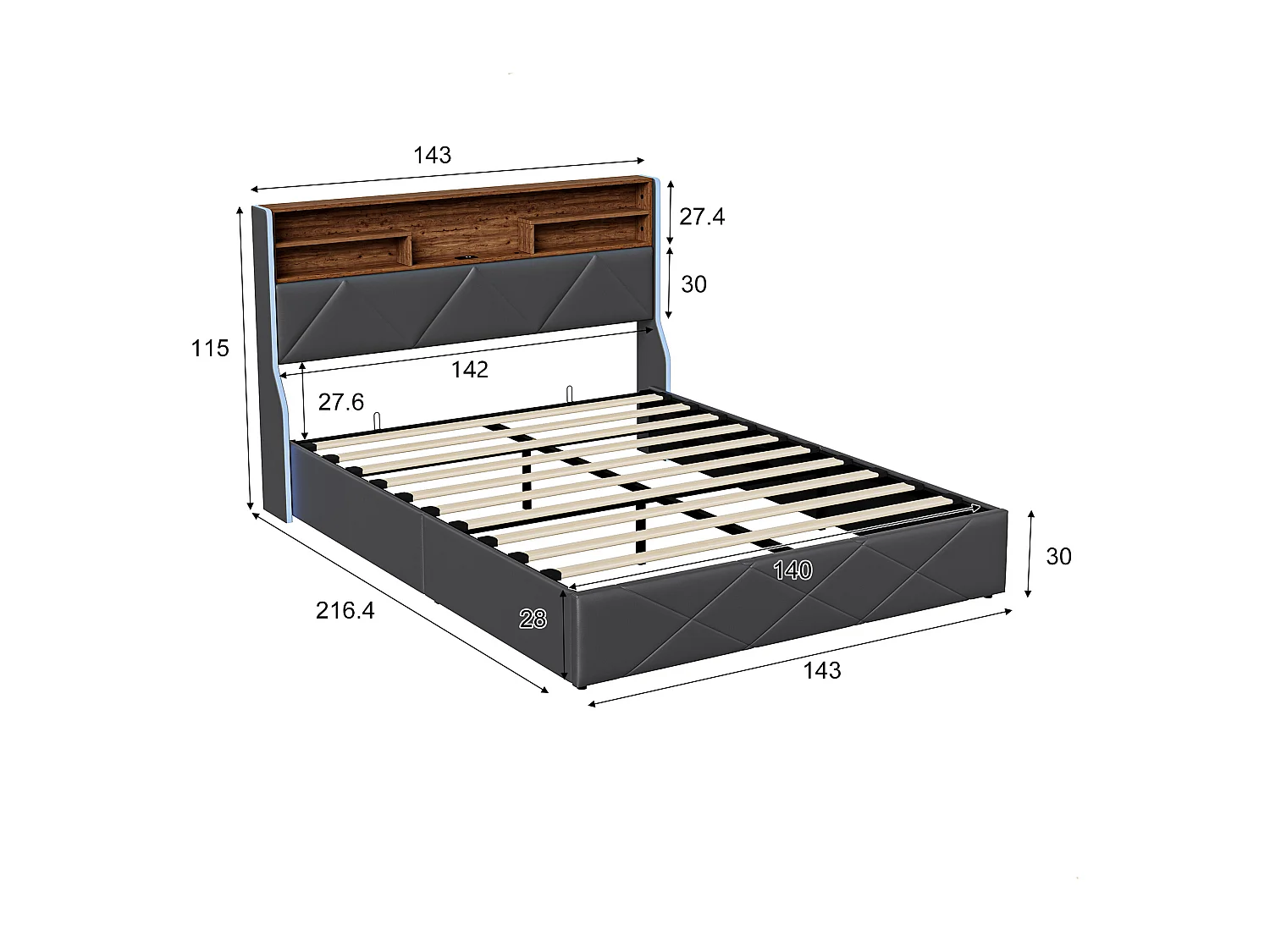 Lit coffre 140x190 - POCKETPOP - PU noir - USB et LED - Cadre de Lit avec Sommier à Lattes en Bois - 2 places
