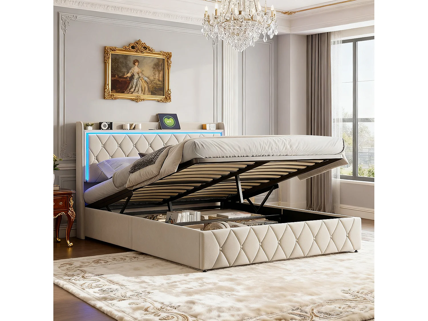 Lit 140x190 cm avec LED et USB - NEXU - lit coffre 140x190 avec sommier à lattes - cadre de lit adulte - tissu en velours - beige