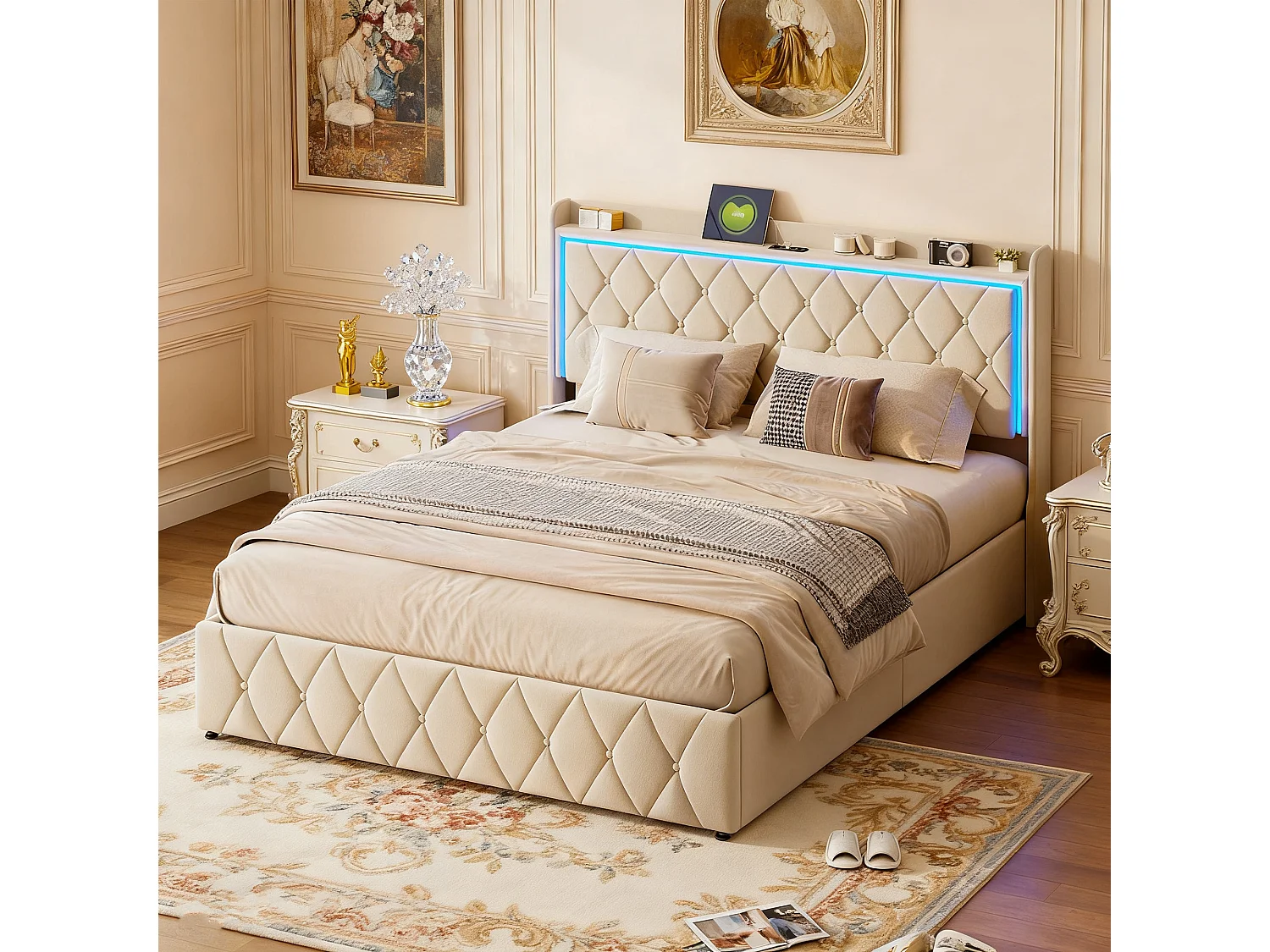 Lit 140x190 cm avec LED et USB - NEXU - lit coffre 140x190 avec sommier à lattes - cadre de lit adulte - tissu en velours - beige
