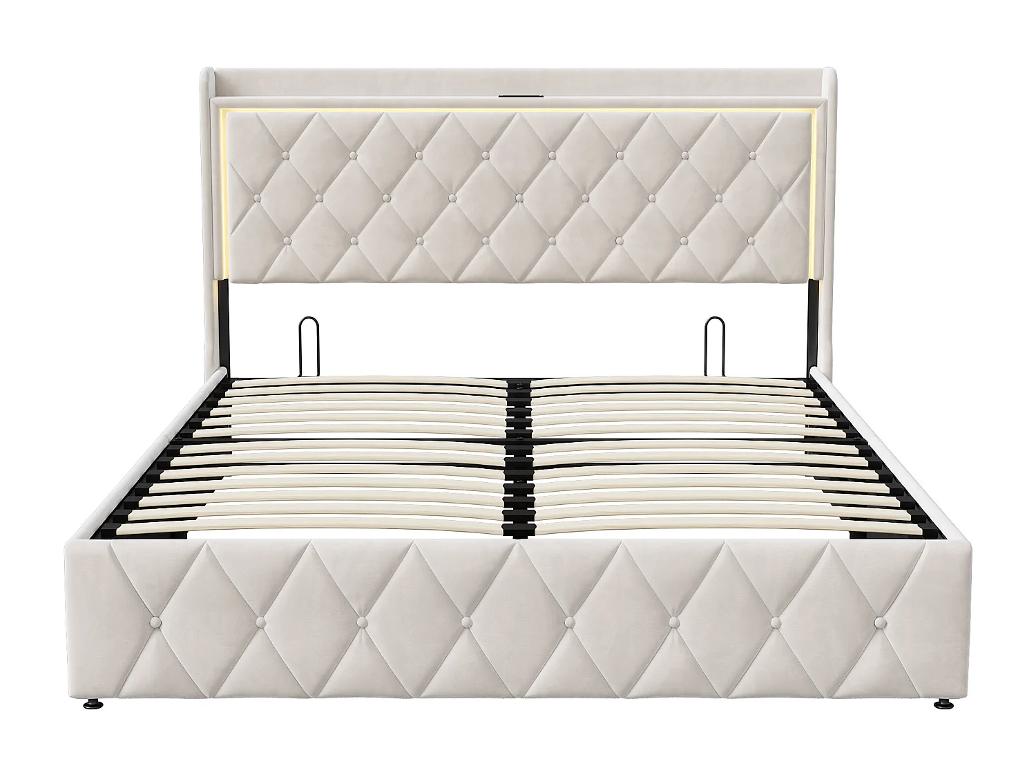 Lit 140x190 cm avec LED et USB - NEXU - lit coffre 140x190 avec sommier à lattes - cadre de lit adulte - tissu en velours - beige