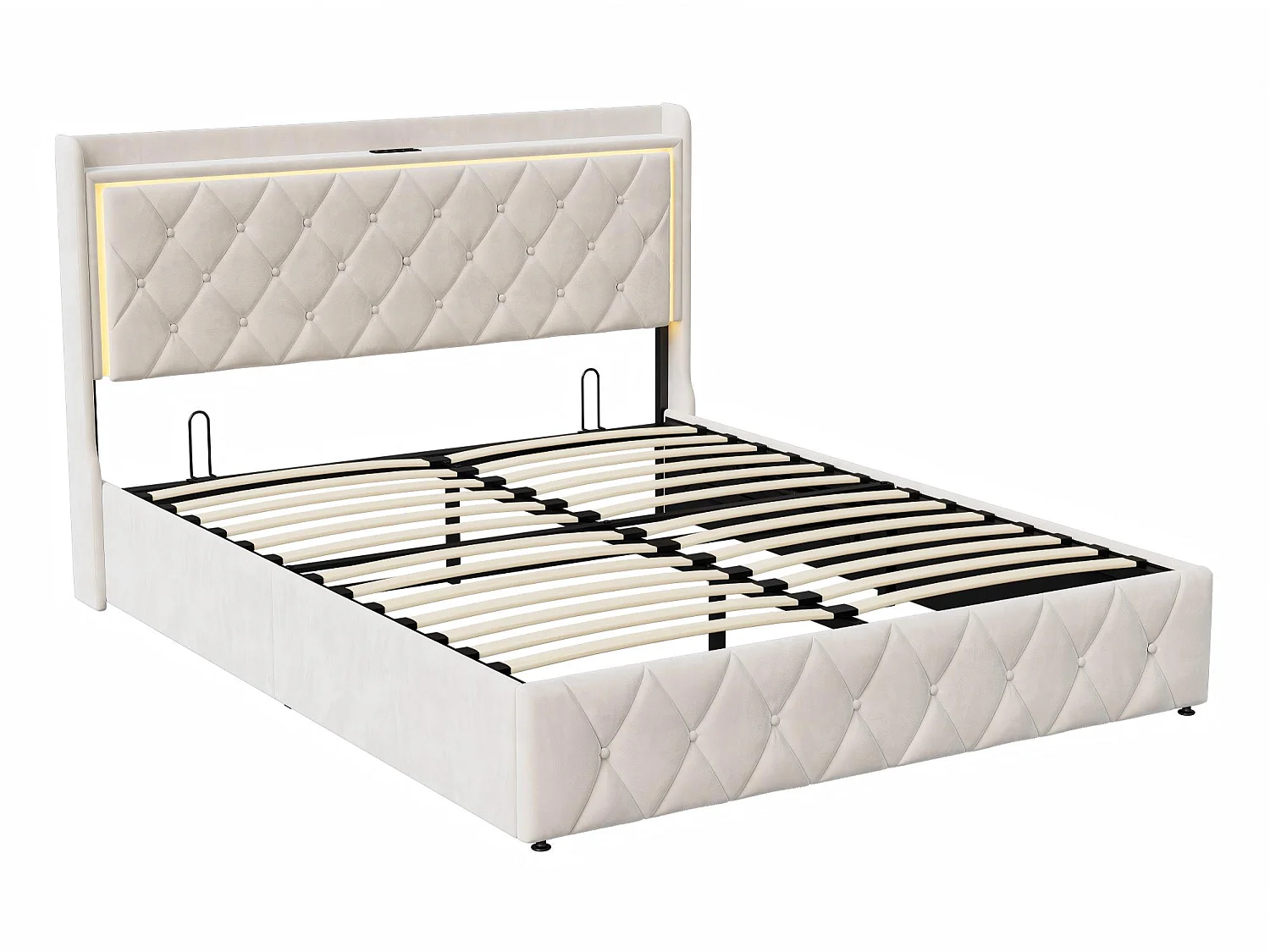 Lit Coffre 140x190cm - avec LED et USB - Lit double 140x190 cm avec Sommier à Lattes et Tête de Lit rembourrée - Cadre de Lit Capitonné - Velours Beige