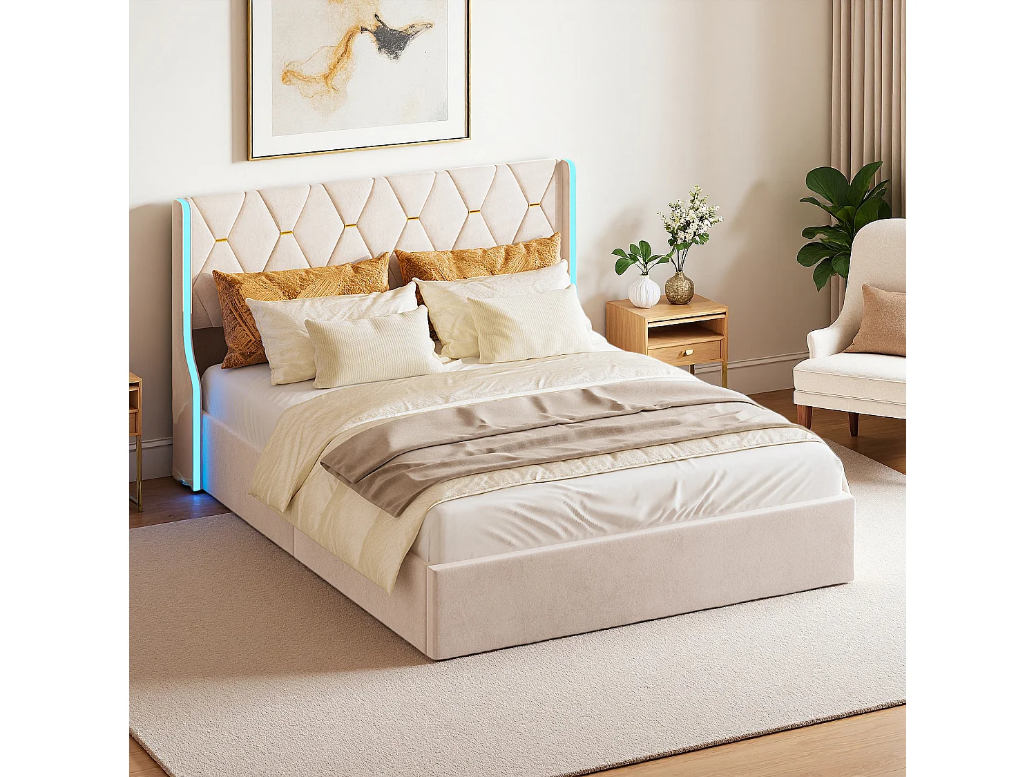 Lit 140x190 cm, avec LED, rangement hydraulique, cadre de lit double 140x190 cm, Velours, beige