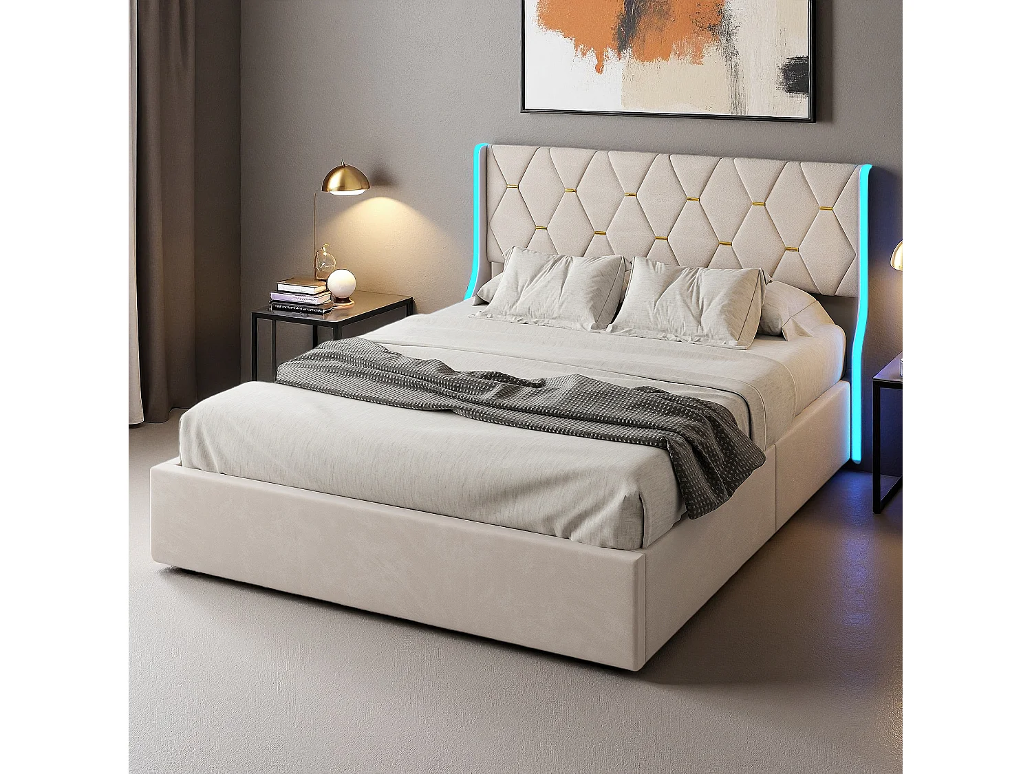 Lit 140x190 cm, avec LED, rangement hydraulique, cadre de lit double 140x190 cm, Velours, beige