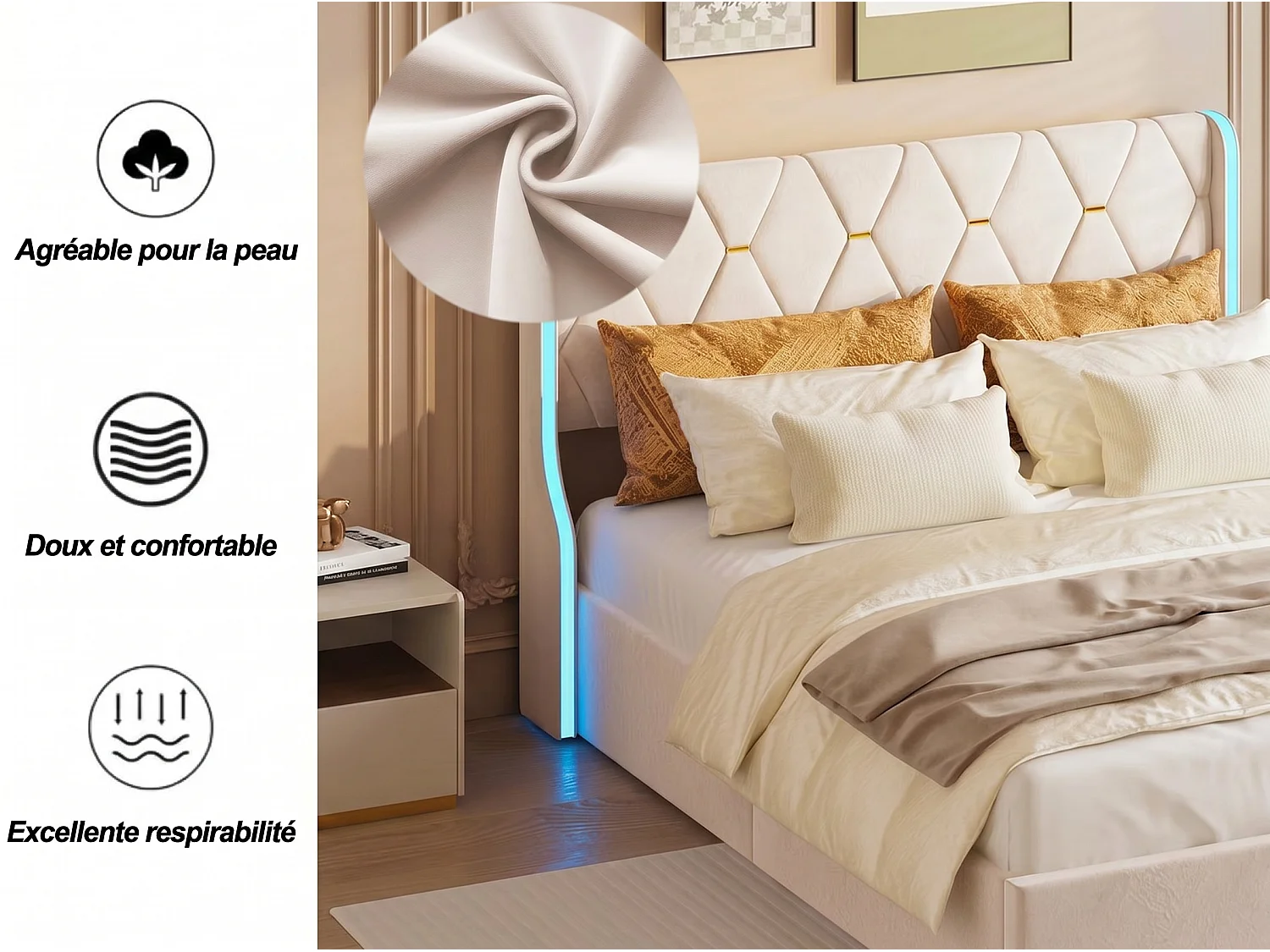 140x190 cm bed met LED-verlichting, hydraulische lift, tweepersoonsbedframe, fluweel, beige