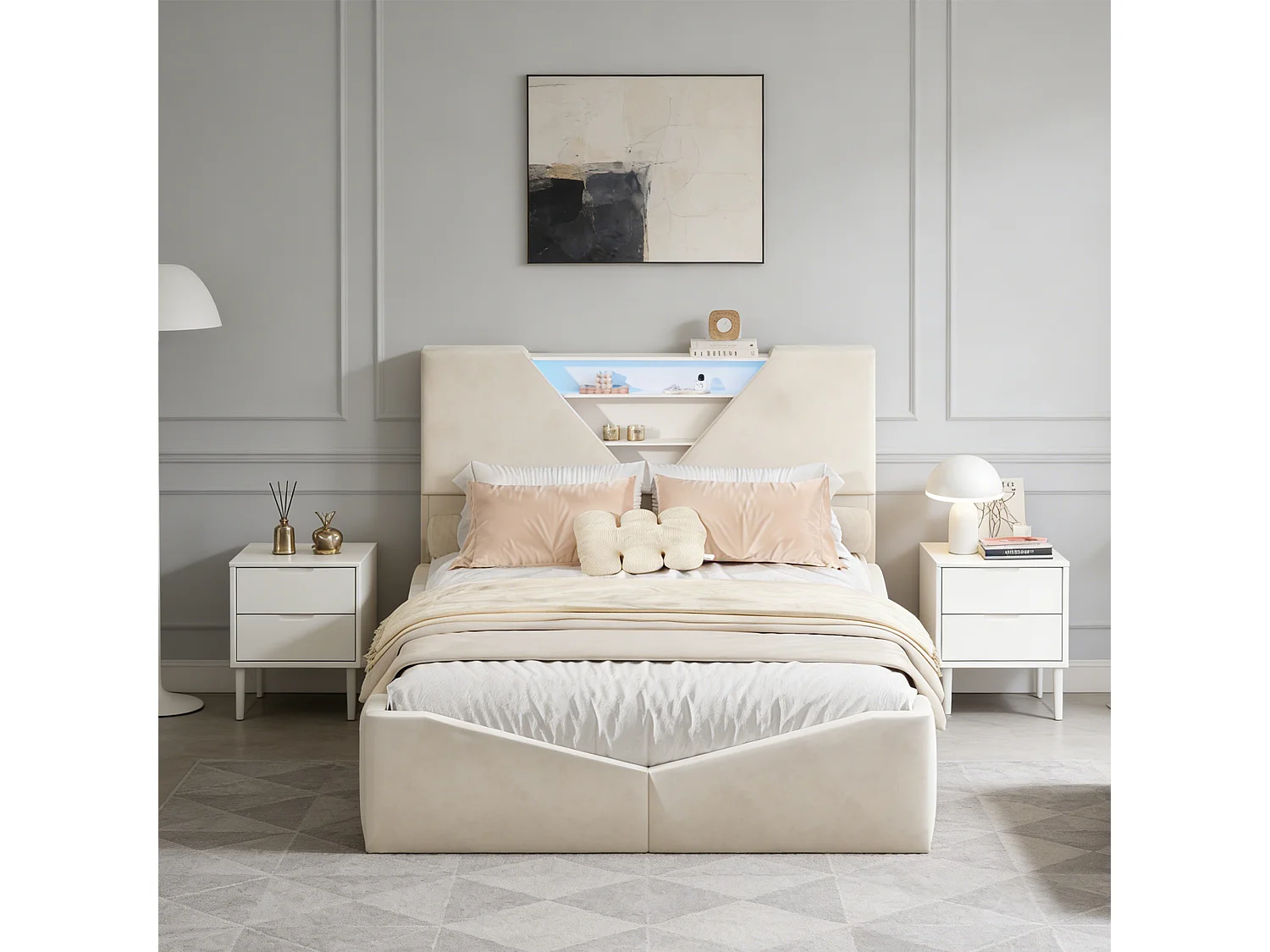 Lit 140x190 avec rangement, Lit coffre avec LED, Lit capitonne avec sommier à lattes, lit 2 place, Lit adulte, Velours blanc cassé