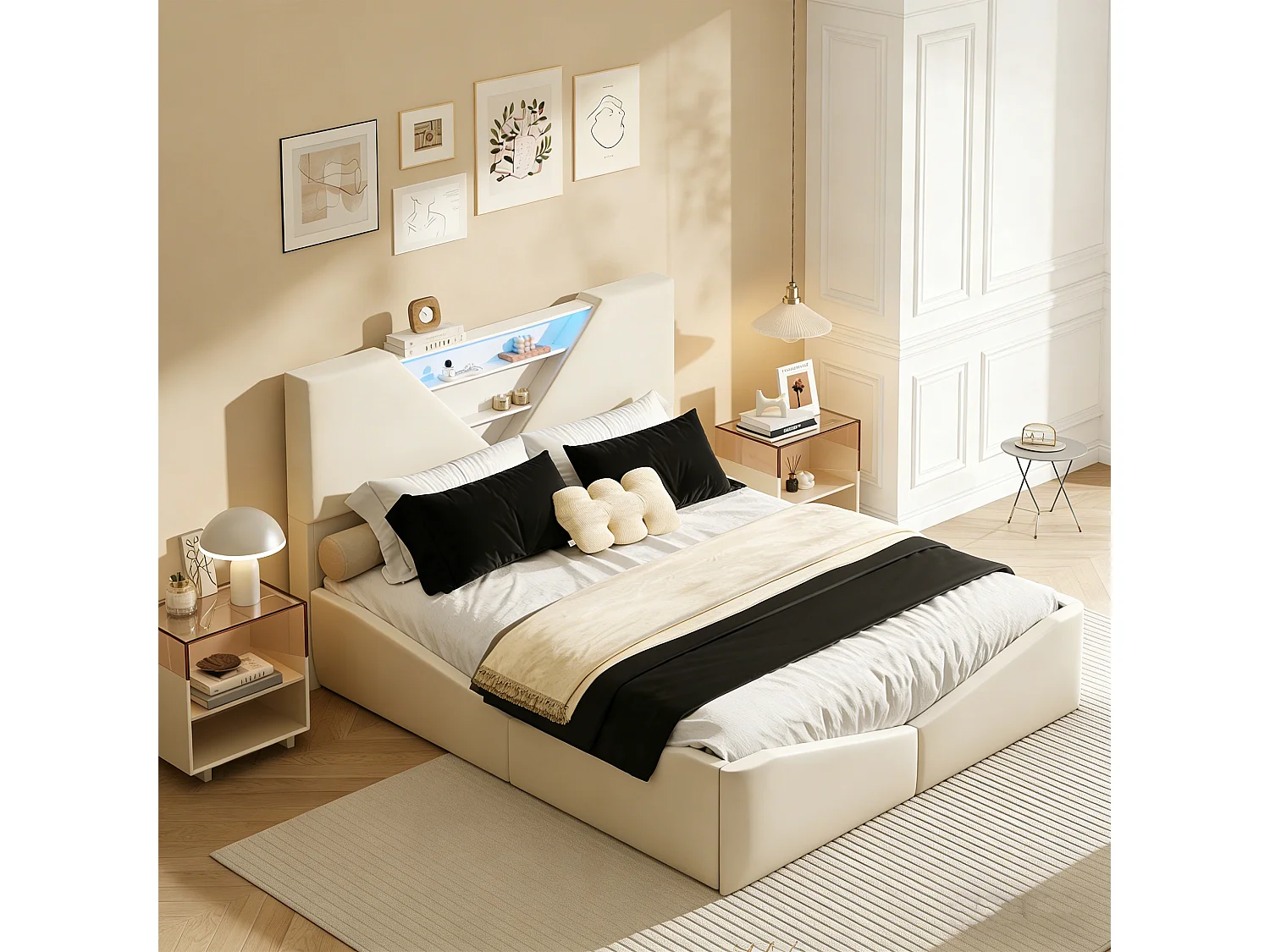 Lit 140x190 avec rangement, Lit coffre avec LED, Lit capitonne avec sommier à lattes, lit 2 place, Lit adulte, Velours blanc cassé