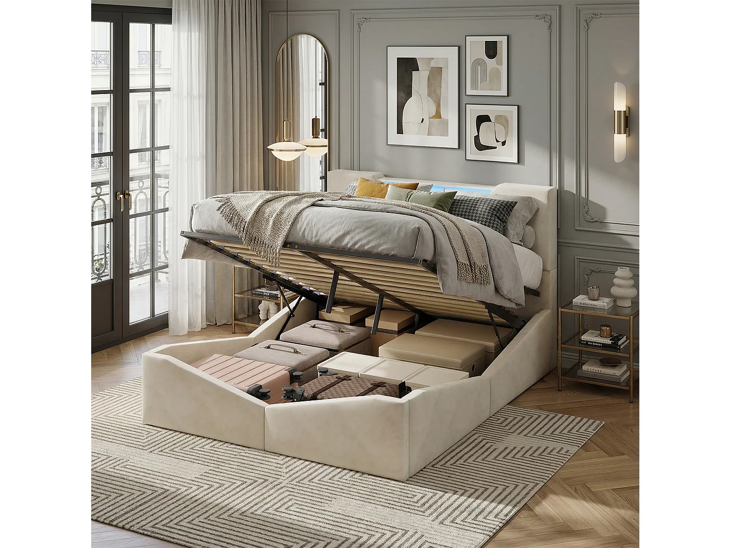Lit 140x190 avec rangement, Lit coffre avec LED, Lit capitonne avec sommier à lattes, lit 2 place, Lit adulte, Velours blanc cassé
