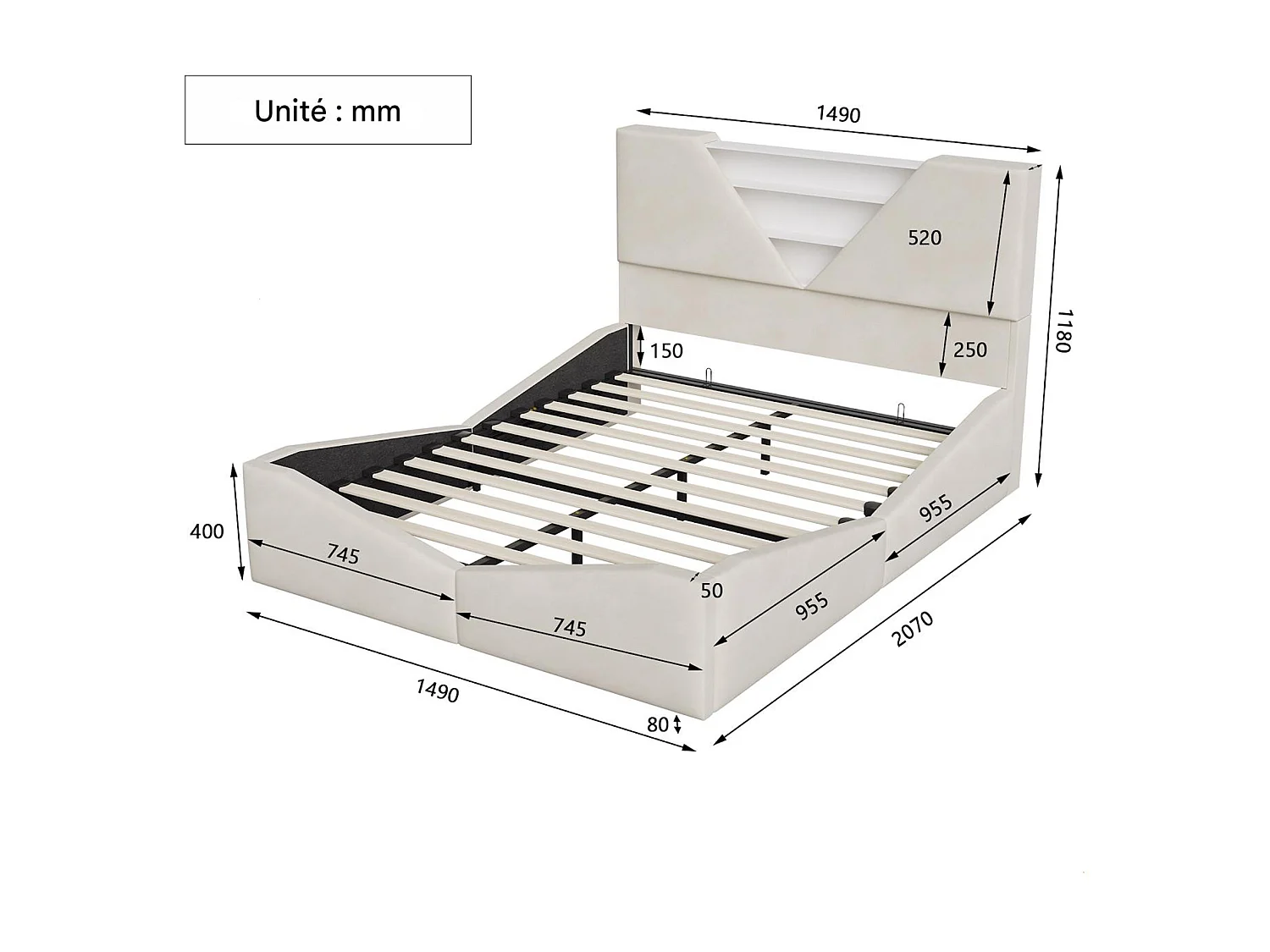 Lit 140x190 avec rangement, Lit coffre avec LED, Lit capitonne avec sommier à lattes, lit 2 place, Lit adulte, Velours blanc cassé