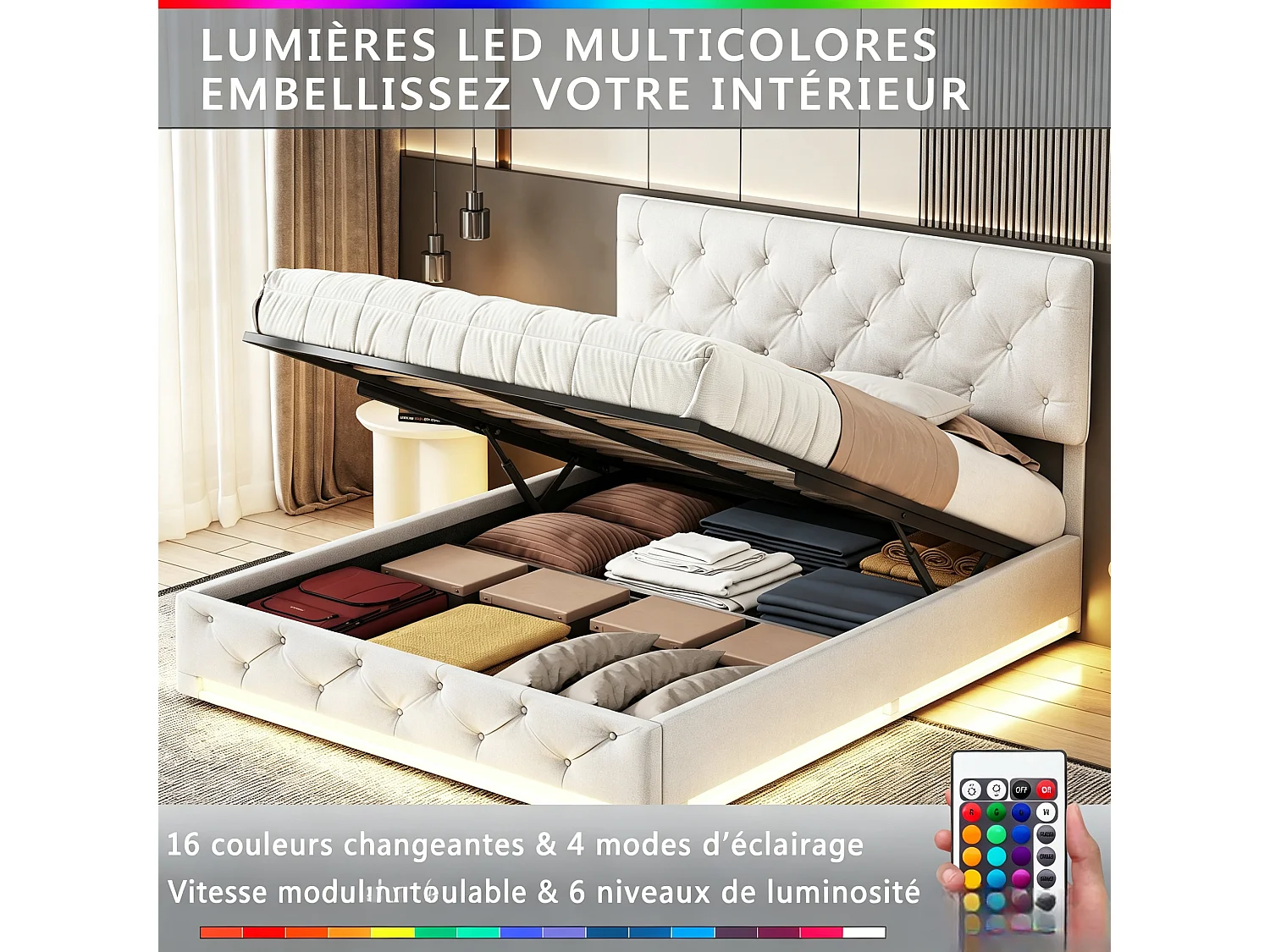 Lit coffre hydraulique 140 x 190 cm - NEXU - Lit double avec LED RGB - structure de lit adulte - tissu en lin beige