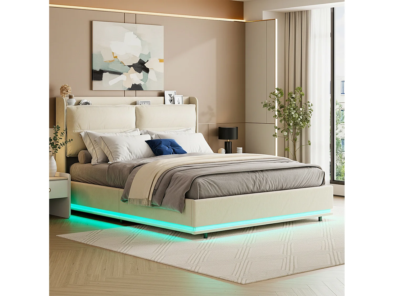 Lit coffre 140x190 - NEXU - Velours blanc cassé - LED RVB et ports USB - Cadre de Lit avec Sommier à Lattes en Bois - 2 places