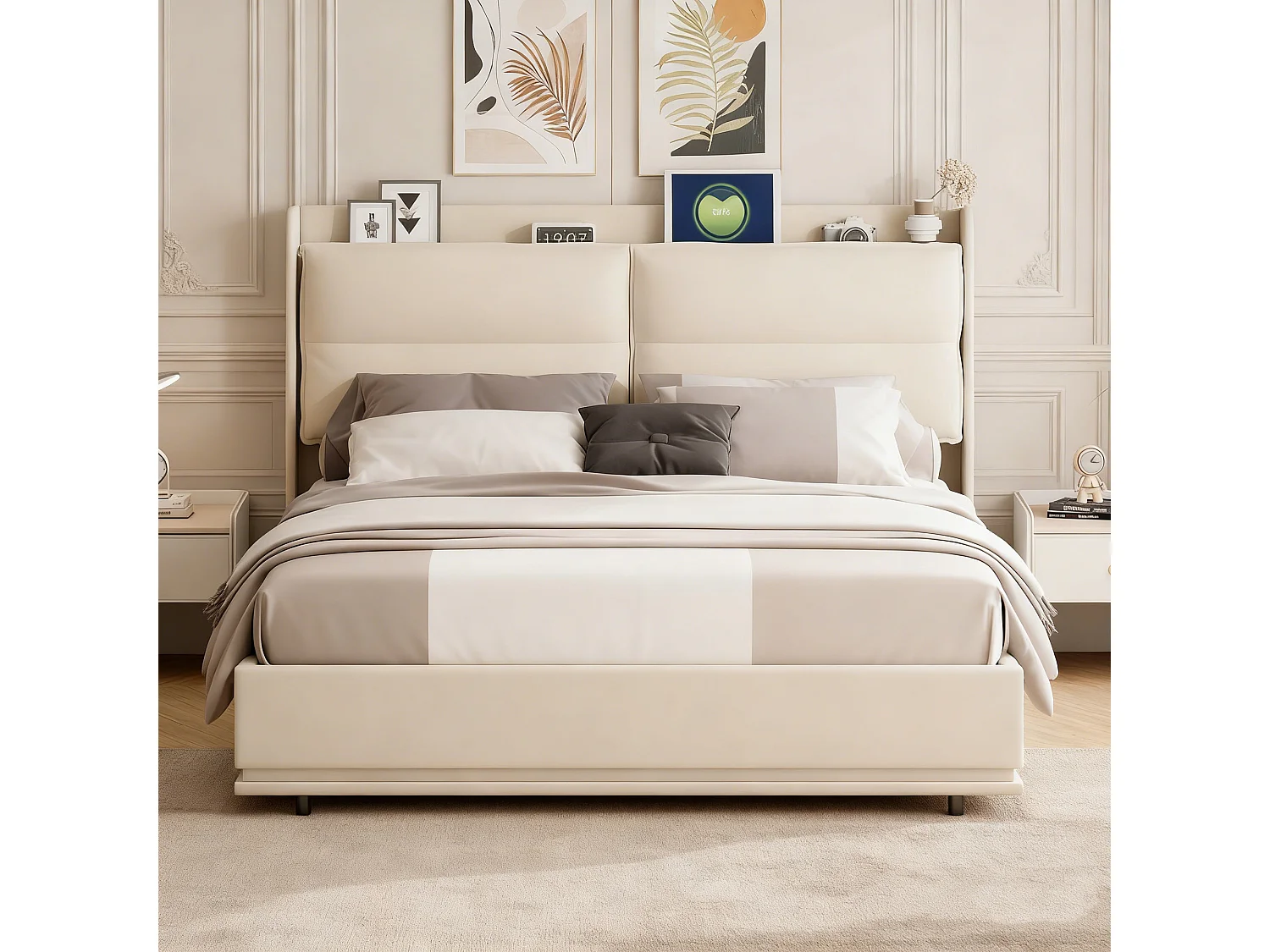 Lit coffre 140x190 - NEXU - Velours blanc cassé - LED RVB et ports USB - Cadre de Lit avec Sommier à Lattes en Bois - 2 places