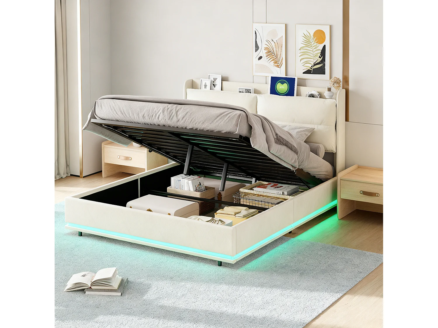 Lit coffre 140x190 - NEXU - Velours blanc cassé - LED RVB et ports USB - Cadre de Lit avec Sommier à Lattes en Bois - 2 places