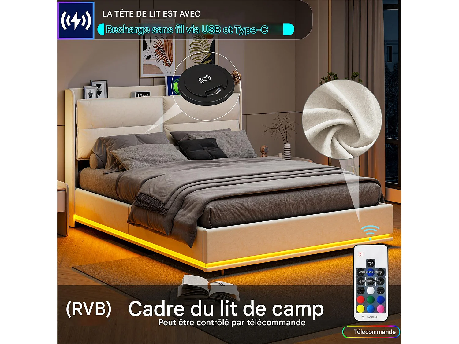 Lit coffre 140x190 - NEXU - Velours blanc cassé - LED RVB et ports USB - Cadre de Lit avec Sommier à Lattes en Bois - 2 places