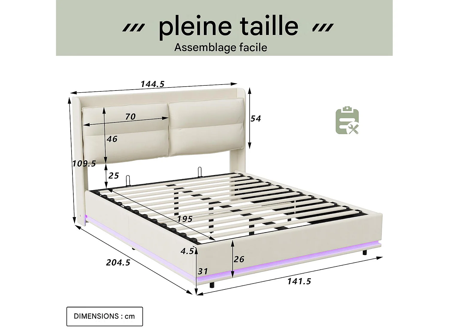 Lit coffre 140x190 - NEXU - Velours blanc cassé - LED RVB et ports USB - Cadre de Lit avec Sommier à Lattes en Bois - 2 places