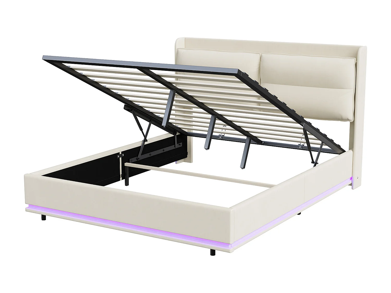 Lit coffre 140x190 - NEXU - Velours blanc cassé - LED RVB et ports USB - Cadre de Lit avec Sommier à Lattes en Bois - 2 places
