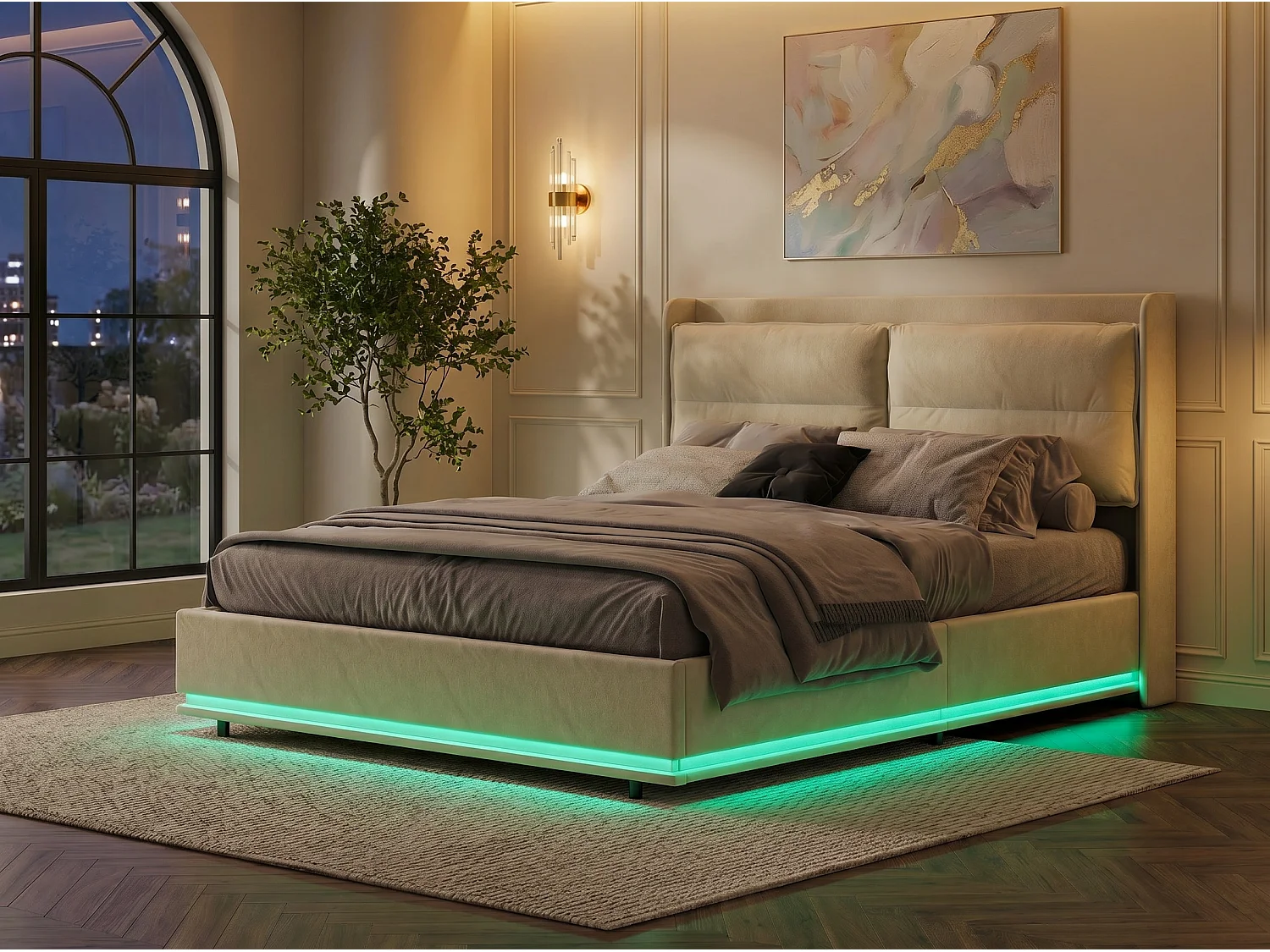 Lit Double Coffre 140x200 cm -  Tête de Lit Rembourrée en Tissu Bouclé  LED - Prises USB et Type-C Intégrées - Sommier à Lattes -  Beige