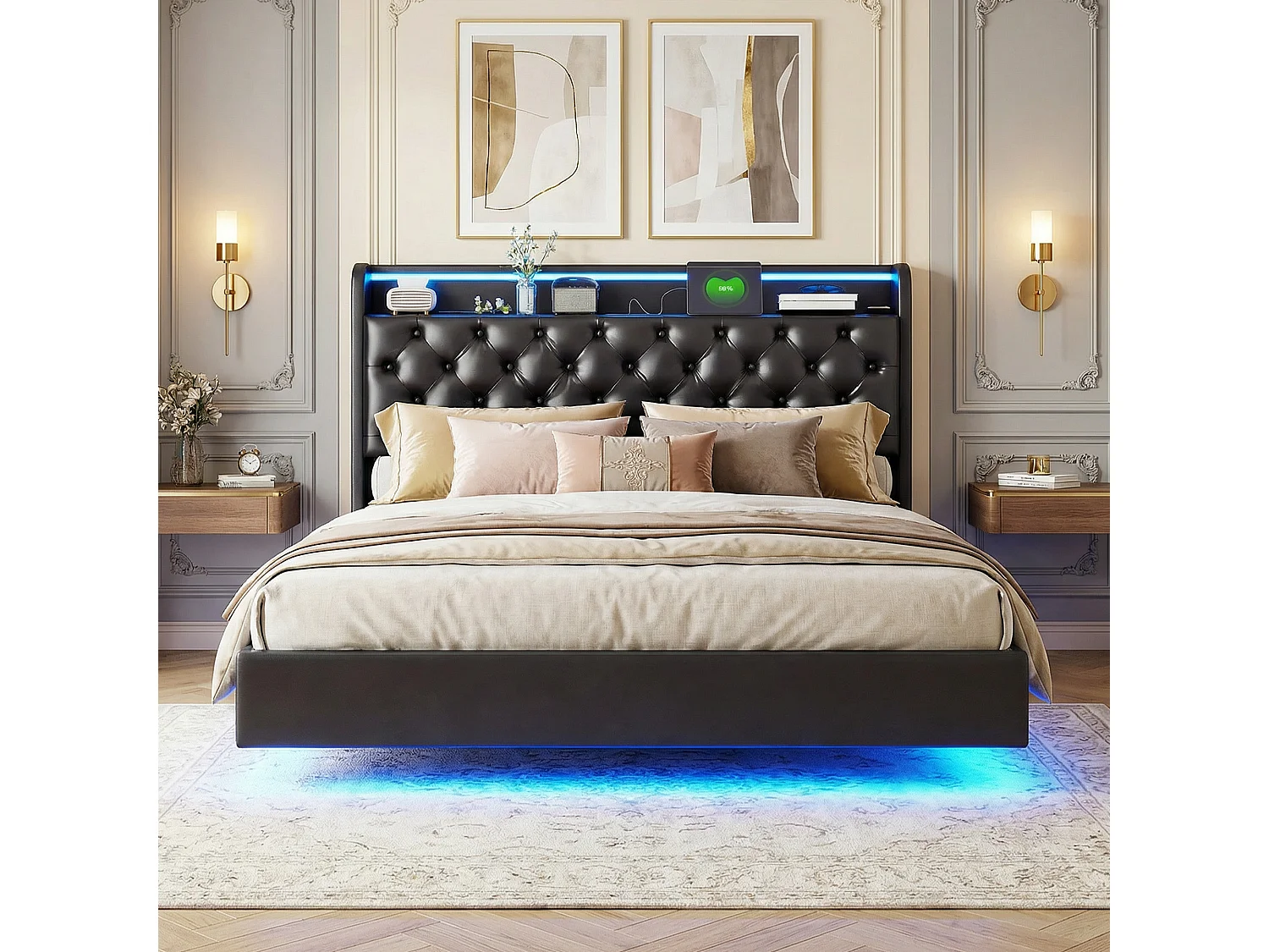 Cadre de lit 140x190 cm, USB et LED, hydraulique, avec Sommier à Lattes, lit double, PU, Noir