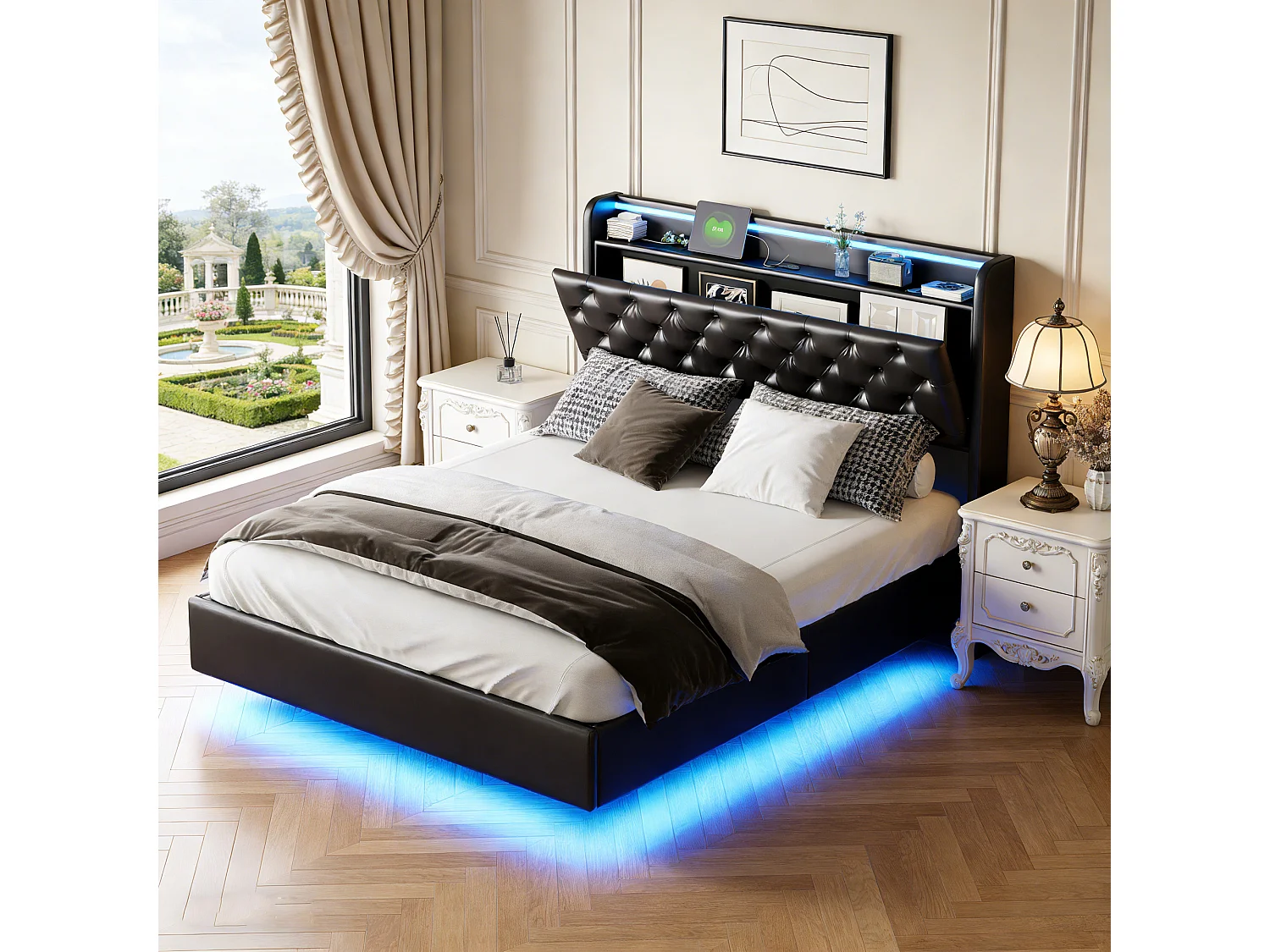 Cadre de lit 140x190 cm, USB et LED, hydraulique, avec Sommier à Lattes, lit double, PU, Noir