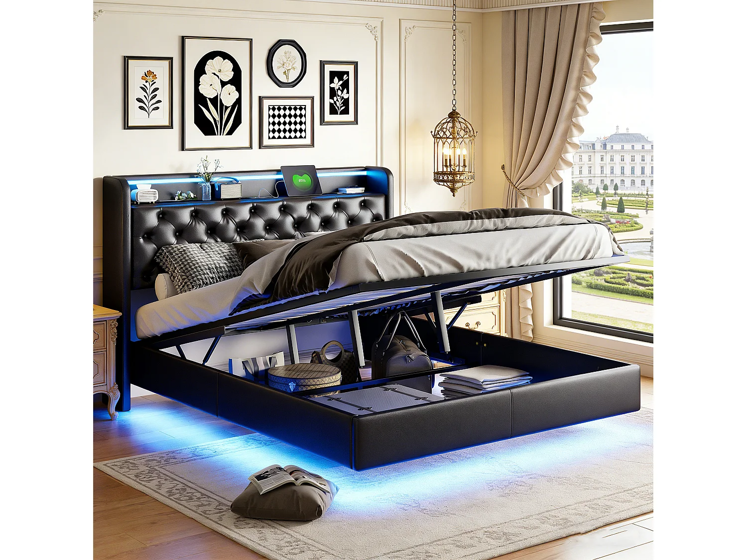 Cadre de lit 140x190 cm, USB et LED, hydraulique, avec Sommier à Lattes, lit double, PU, Noir