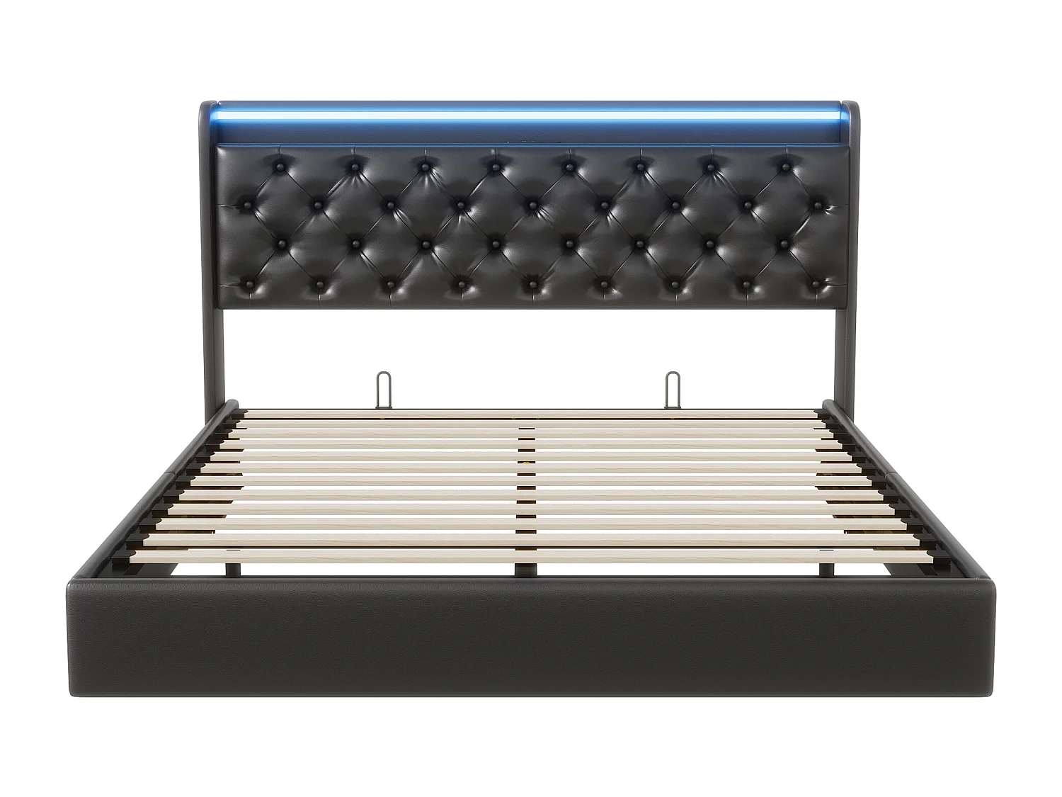 Cadre de lit 140x190 cm, USB et LED, hydraulique, avec Sommier à Lattes, lit double, PU, Noir