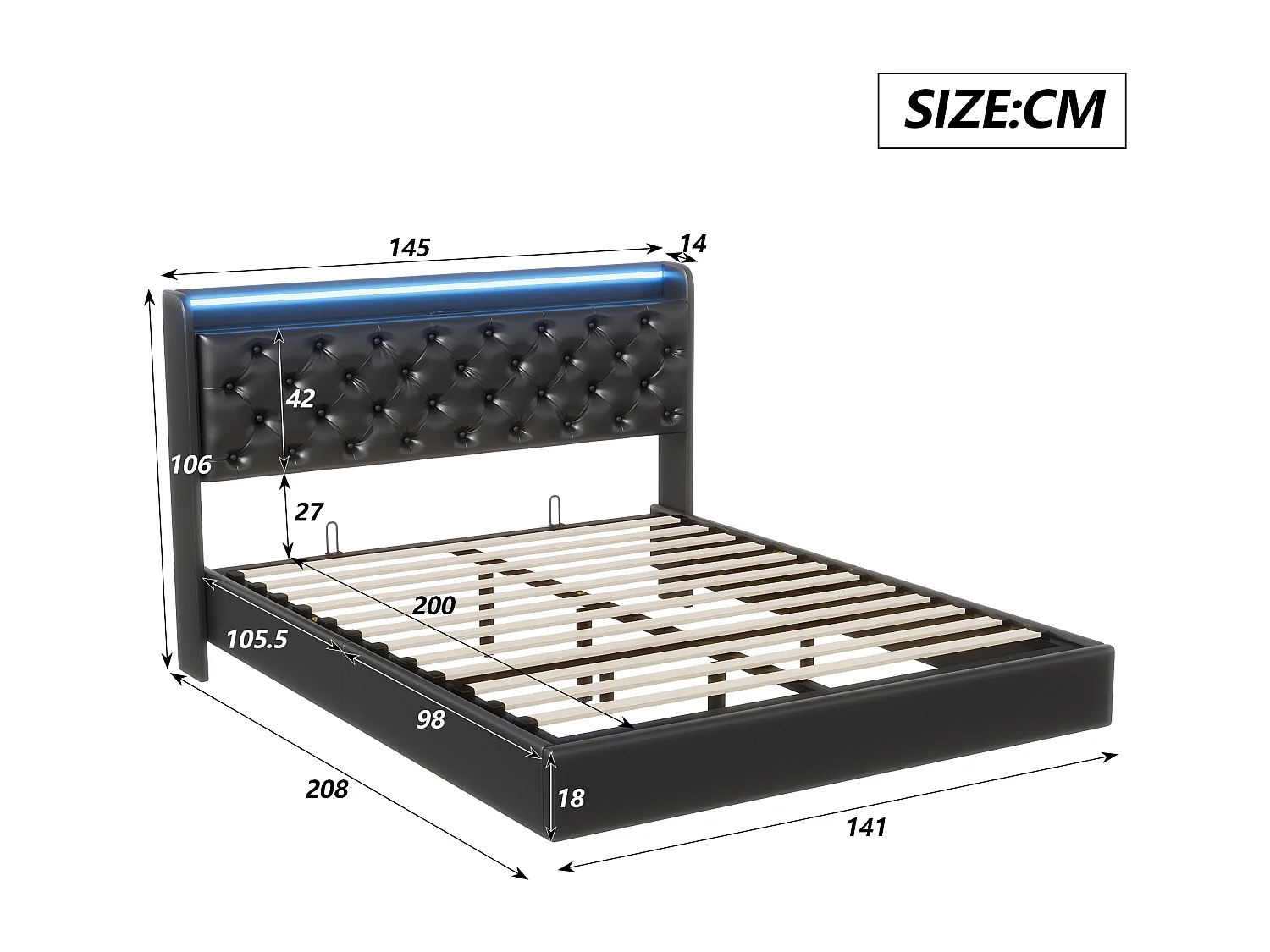 Cadre de lit 140x190 cm, USB et LED, hydraulique, avec Sommier à Lattes, lit double, PU, Noir