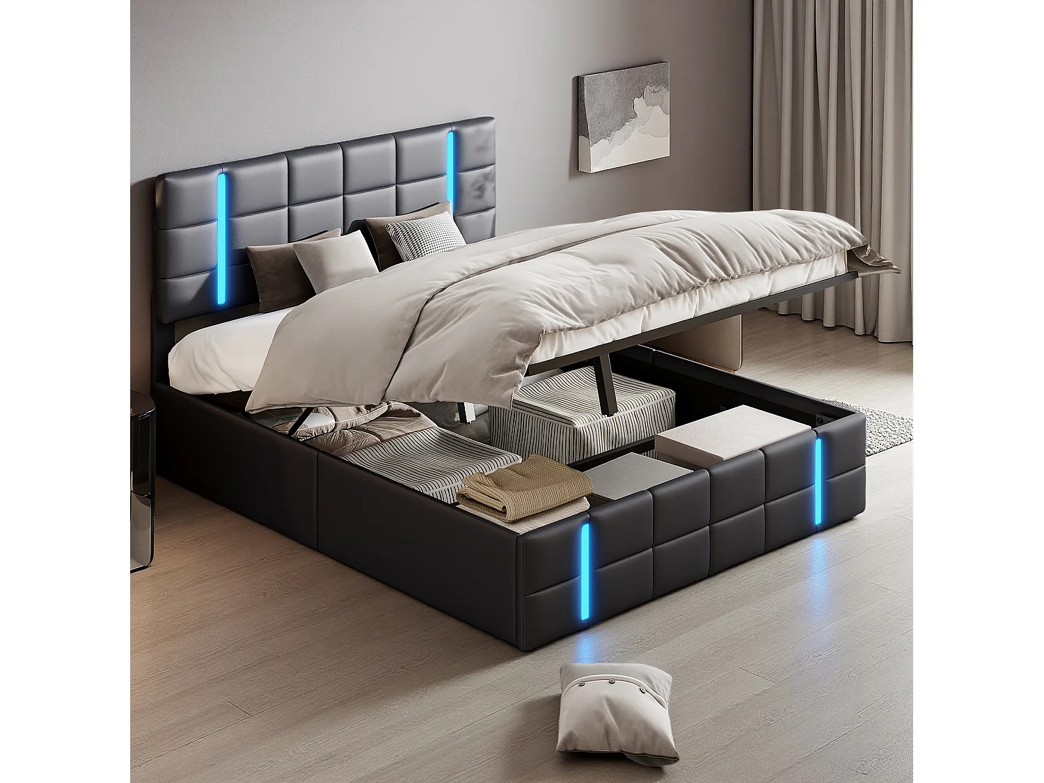 Lit coffre 140x190 cm - NEXU - Port USB - LED - PU - cadre de lit double 140x190 cm - Noir
