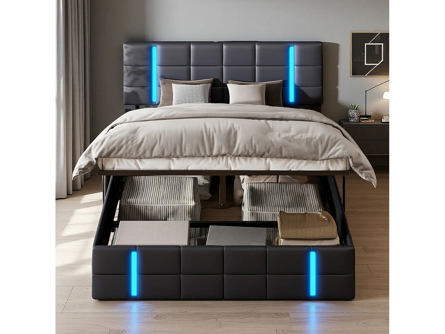 Lit coffre 140x190 cm - NEXU - Port USB - LED - PU - cadre de lit double 140x190 cm - Noir