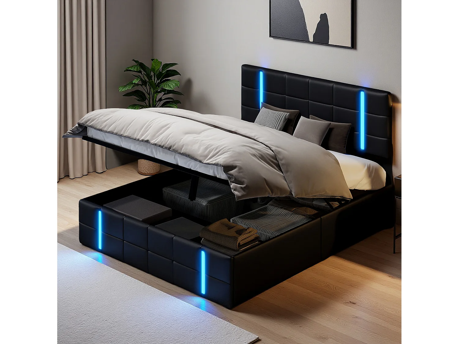 Lit coffre 140x190 cm - NEXU - Port USB - LED - PU - cadre de lit double 140x190 cm - Noir