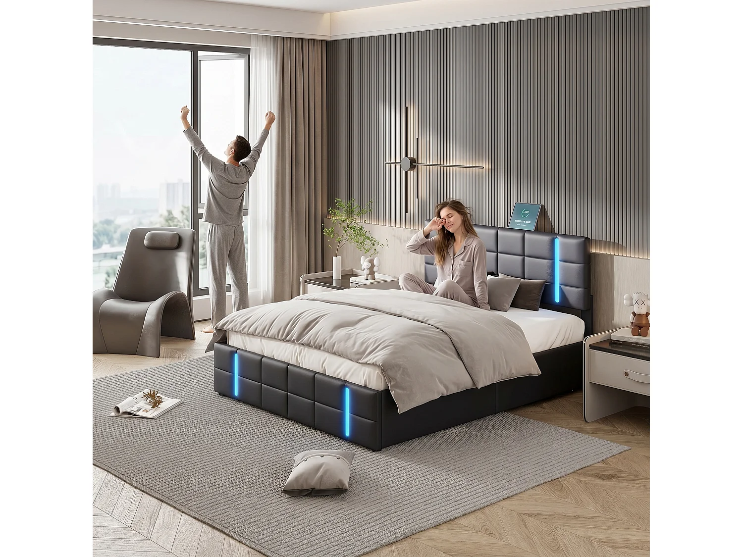 Lit coffre 140 x 190 cm - NEXU - Lit double avec LED et port USB - cadre de lit en PU noir - sommier à lattes