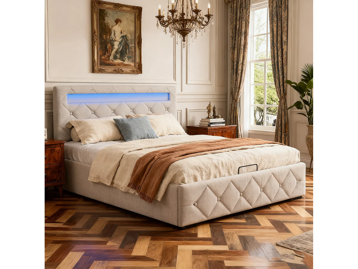 Lit 140x190 cm, LED réglable, hydraulique, structure de lit double 140x190 cm, Velours, beige