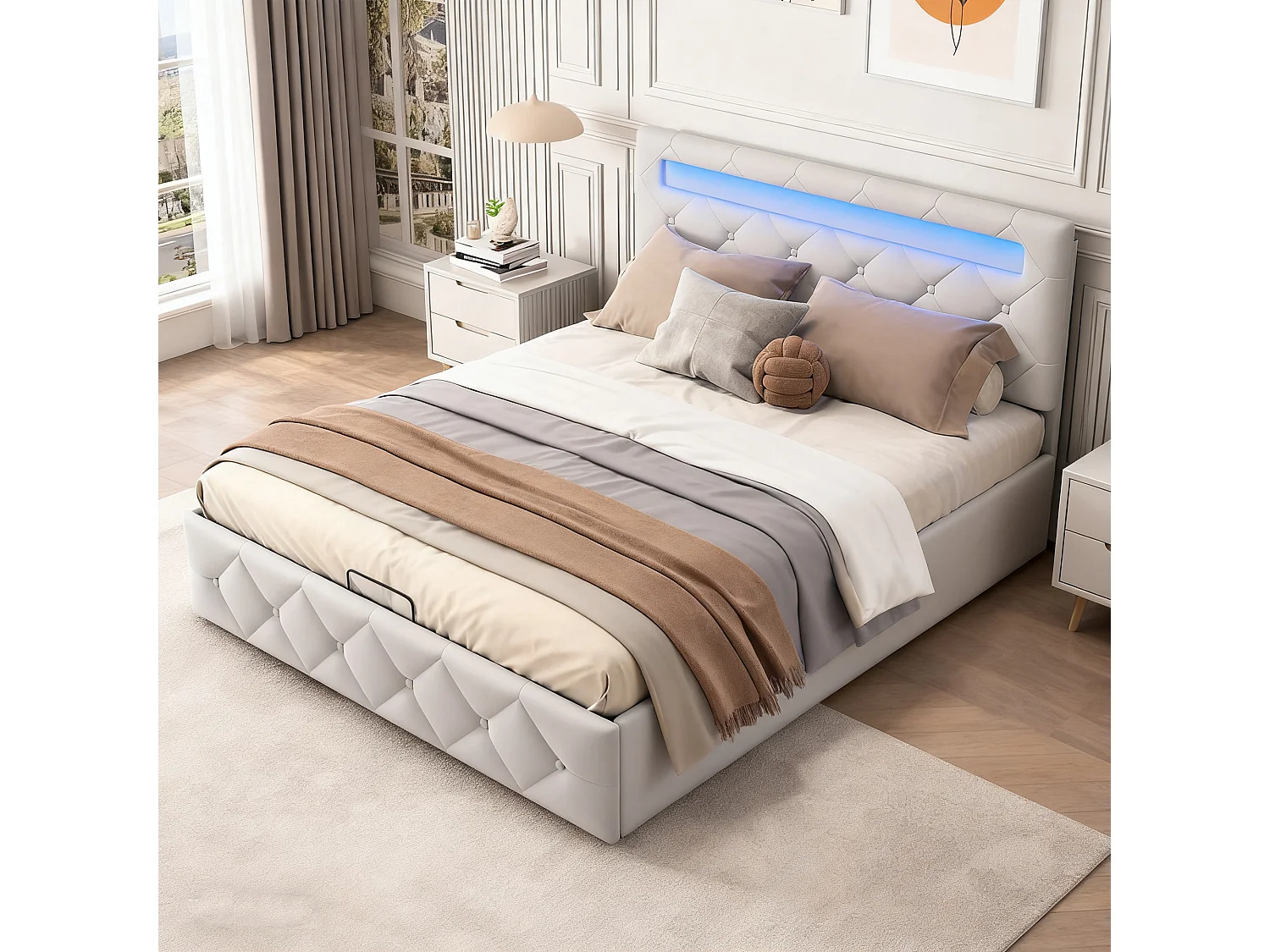 Lit 140x190 cm, LED réglable, hydraulique, structure de lit double 140x190 cm, Velours, beige