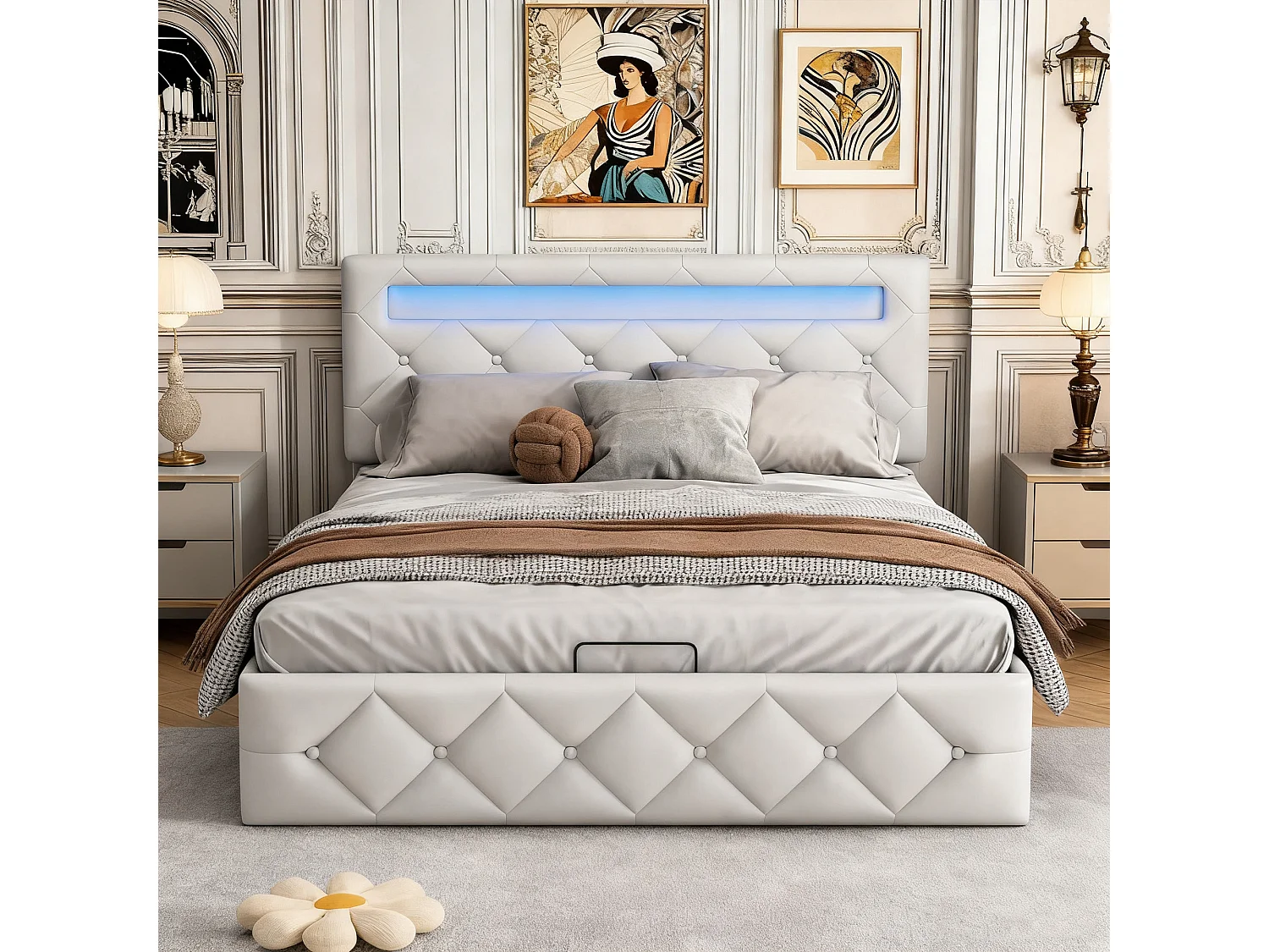 Lit 140x190 cm, LED réglable, hydraulique, structure de lit double 140x190 cm, Velours, beige