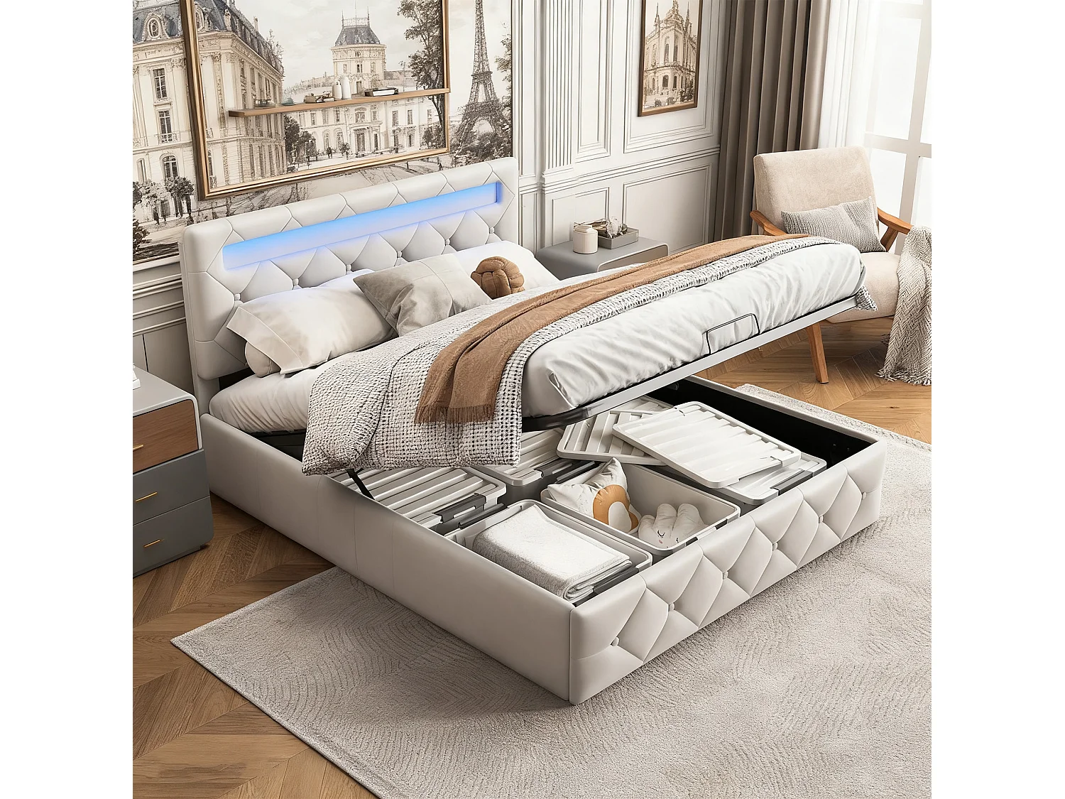 Lit 140x190 cm, LED réglable, hydraulique, structure de lit double 140x190 cm, Velours, beige