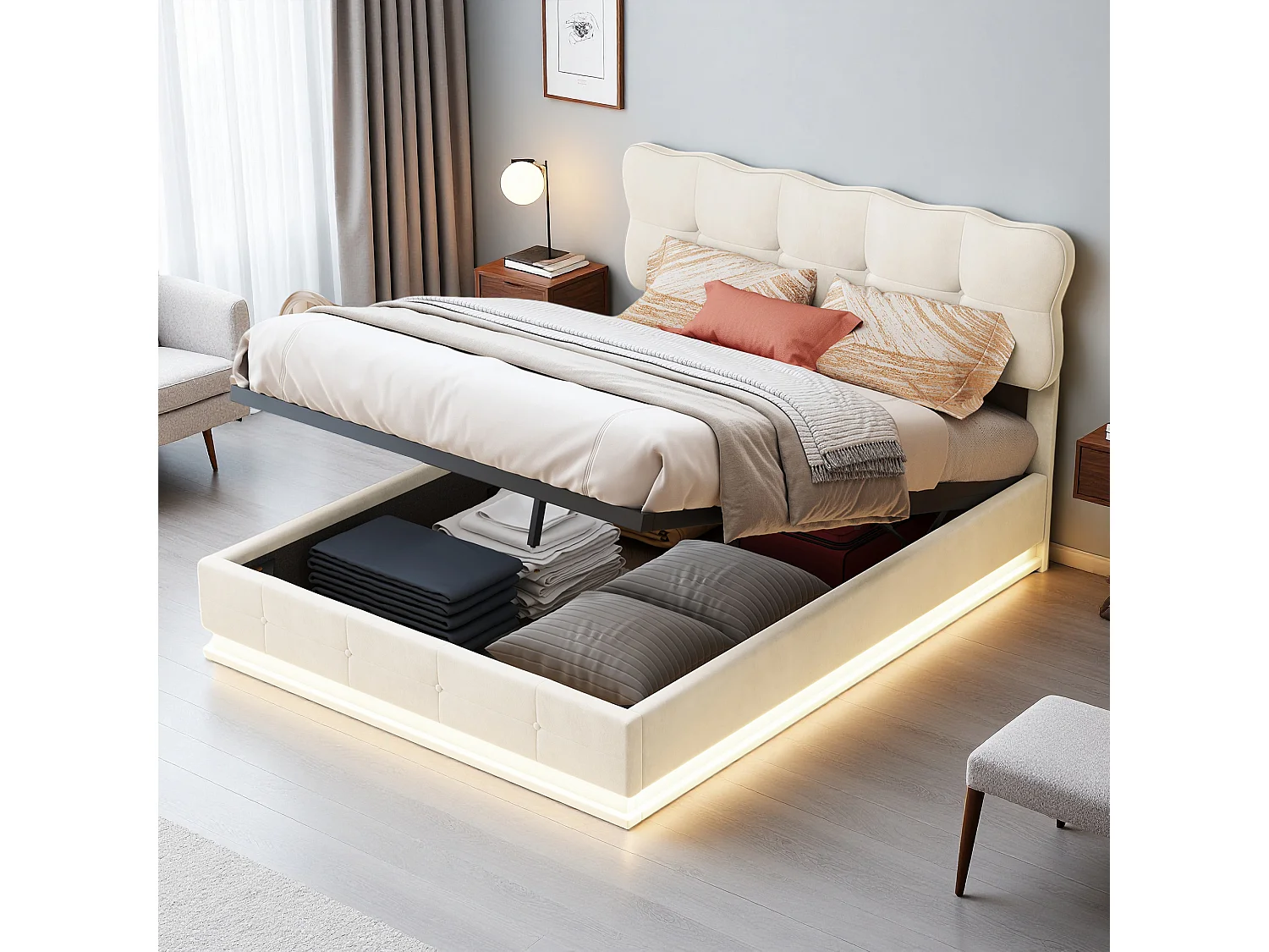 Lit coffre 140x190 cm, NEXU, RGB LED, moderne, cadre de lit double 140x190 cm, Velours, beige