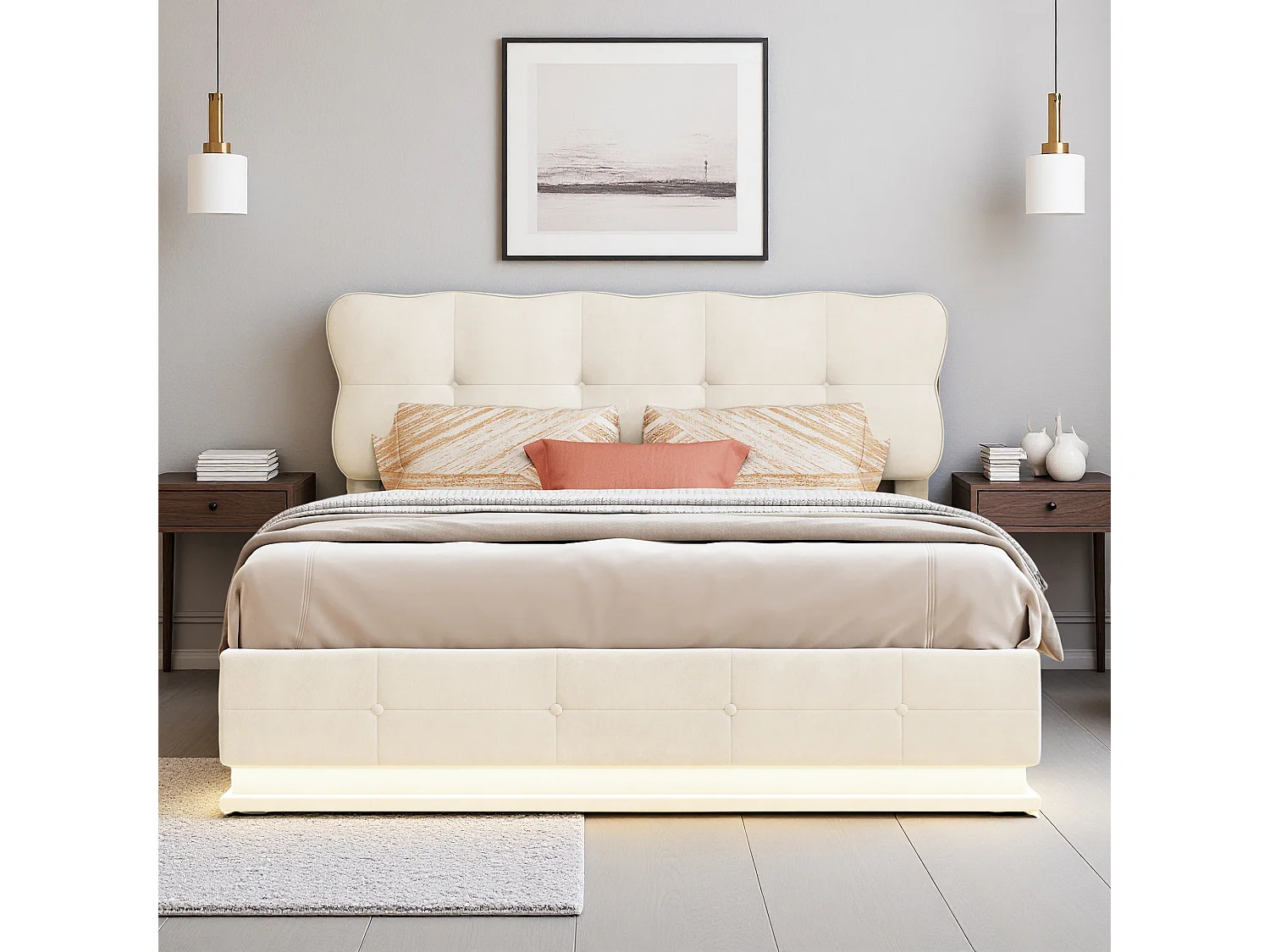 Lit coffre 140x190 cm, NEXU, RGB LED, moderne, cadre de lit double 140x190 cm, Velours, beige
