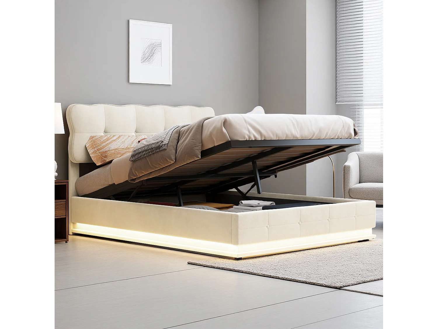 Lit coffre 140x190 cm, NEXU, RGB LED, moderne, cadre de lit double 140x190 cm, Velours, beige