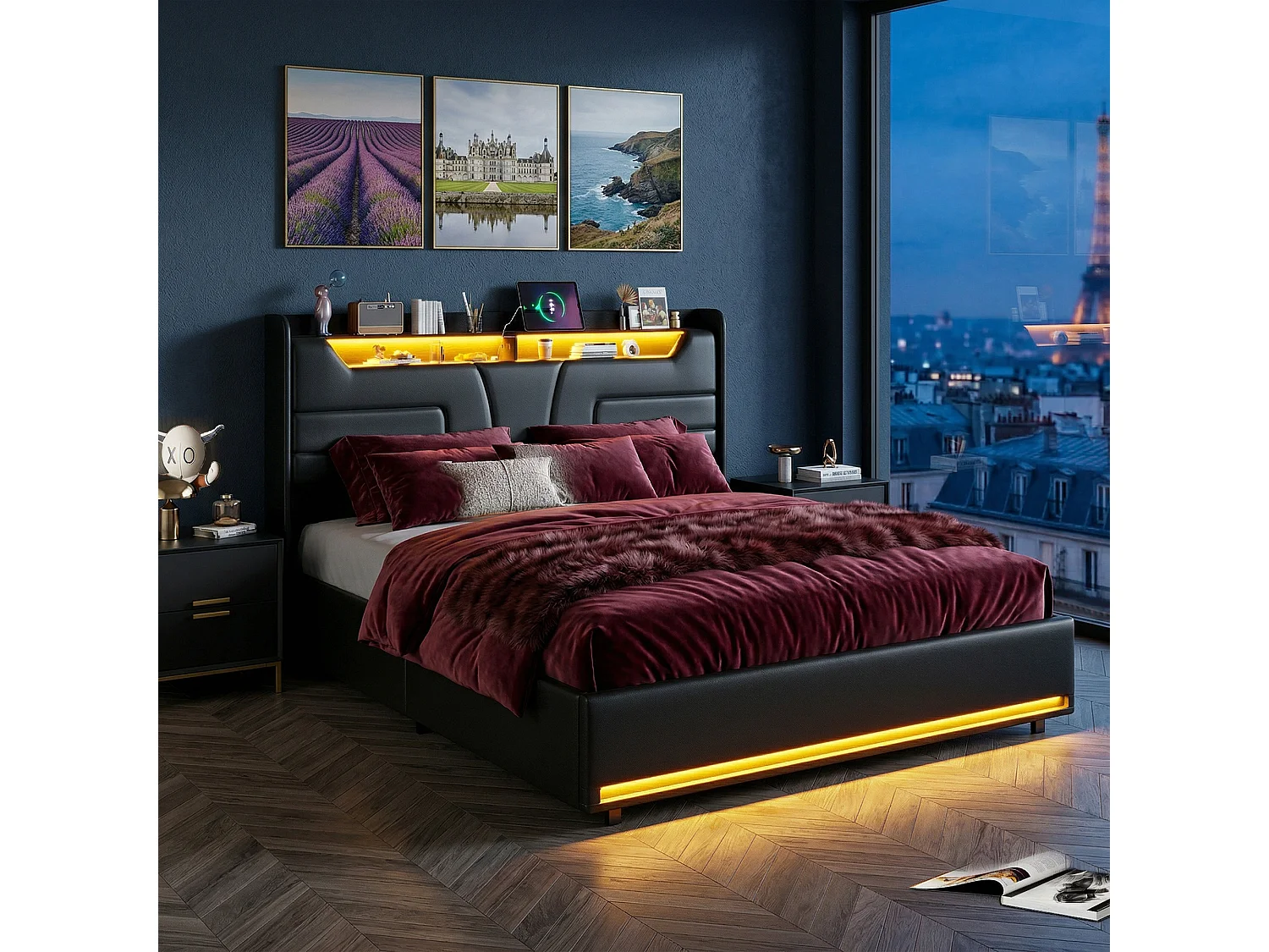 Lit 140x190 avec rangement - lit coffre - sommier à Lattes -  Port USB et LED intégrée - PU noir - 2 personnes