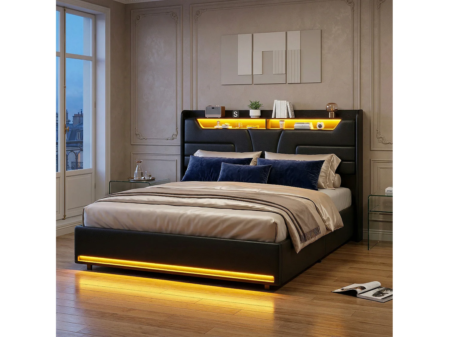 Lit 140x190 avec rangement - lit coffre - sommier à Lattes -  Port USB et LED intégrée - PU noir - 2 personnes